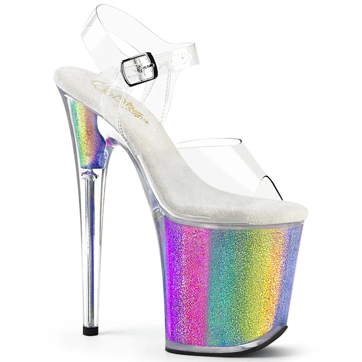 8 Inch Heel FLAMINGO-808RG-01 Clear Rainbow Glitter