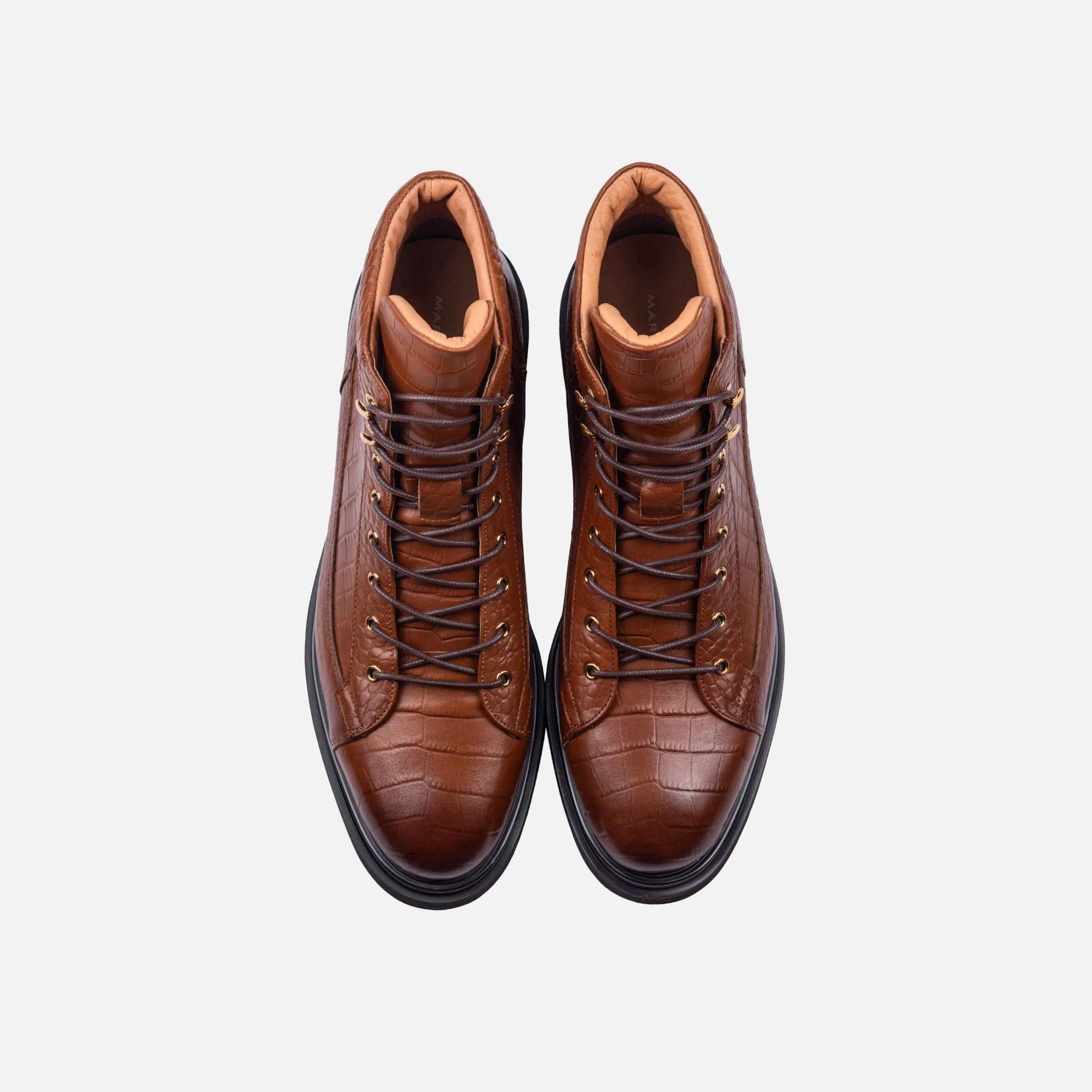 Aiden Brown Crocskin Leather Combat Boots