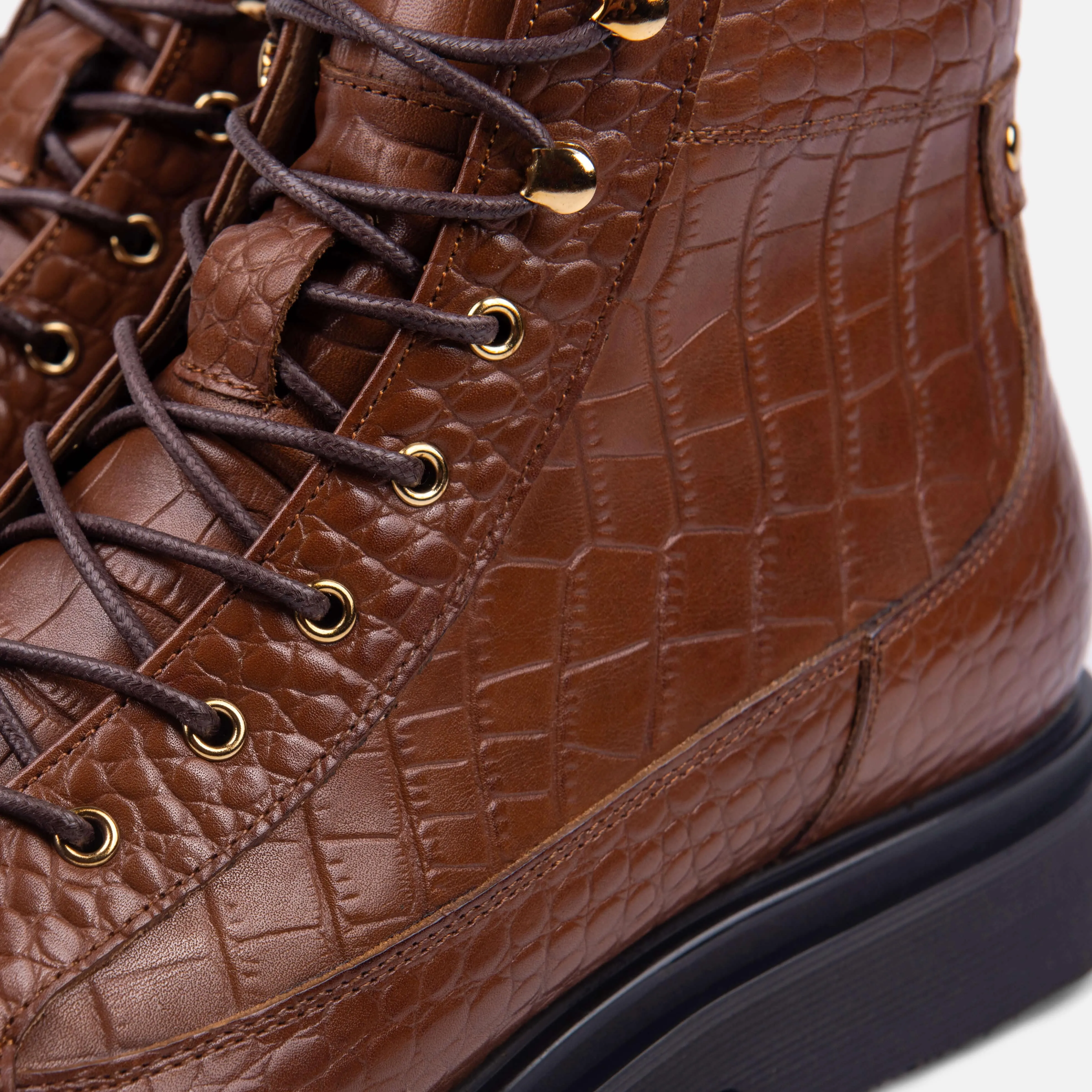 Aiden Brown Crocskin Leather Combat Boots