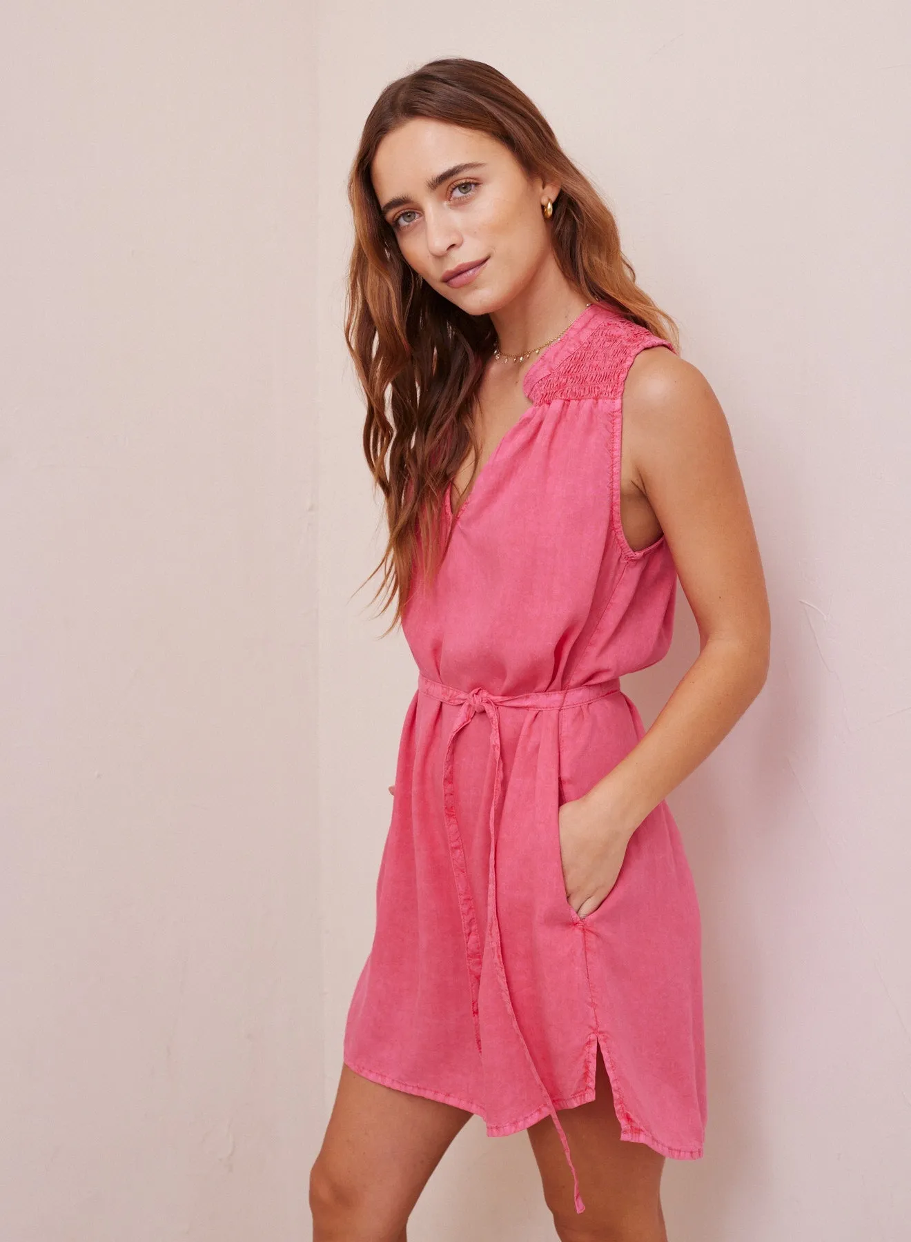 Belted Smocked Yoke Mini Dress - Havana Pink