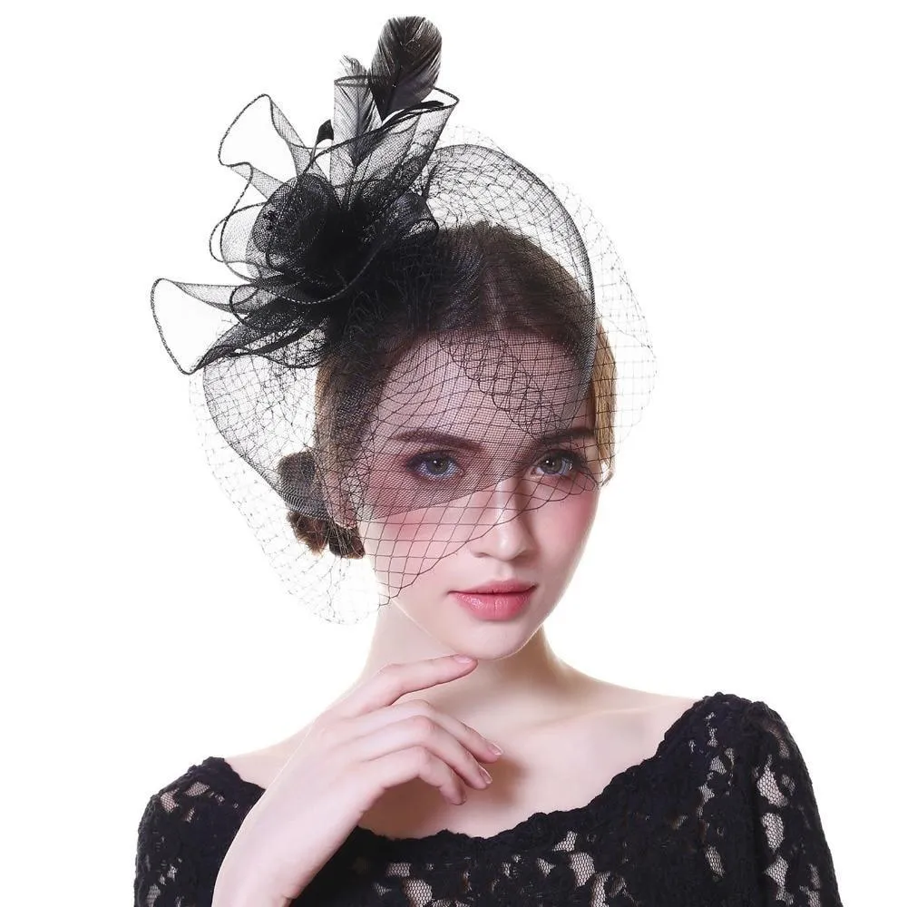 Black Beaded Flower Pillbox Fascinator Hat with Netted Veil and Feathers