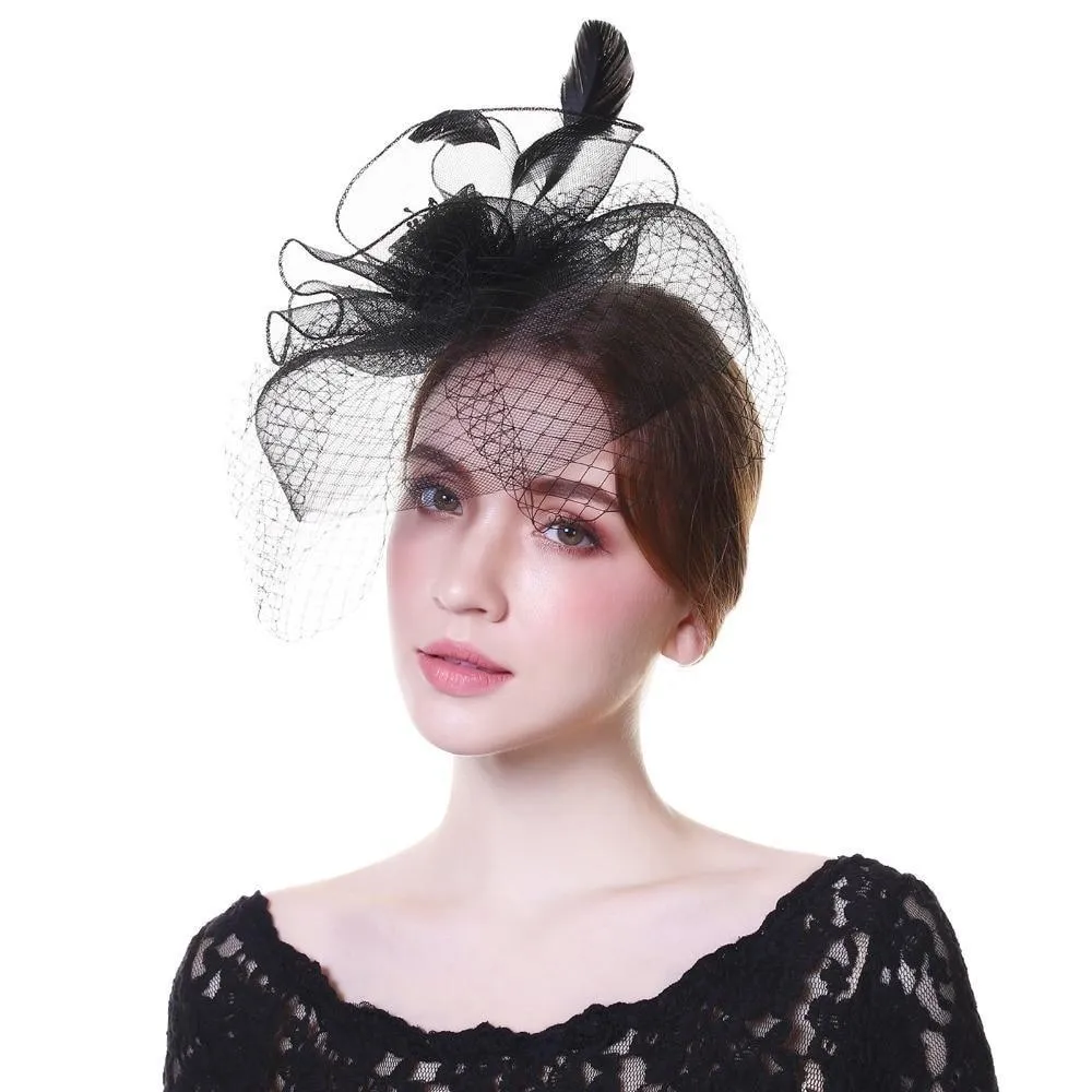 Black Beaded Flower Pillbox Fascinator Hat with Netted Veil and Feathers