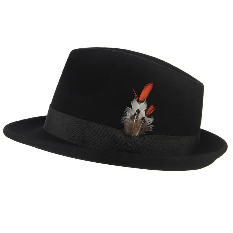 Black Wool Fedora Trilby Hat with White-orange Feathers in Black Hatband