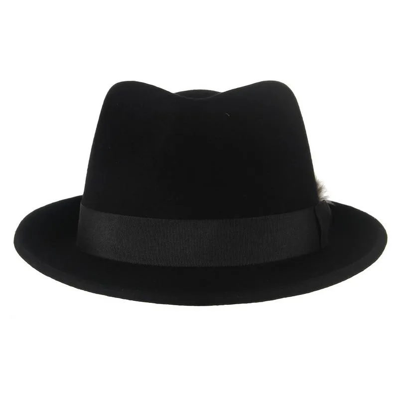 Black Wool Fedora Trilby Hat with White-orange Feathers in Black Hatband