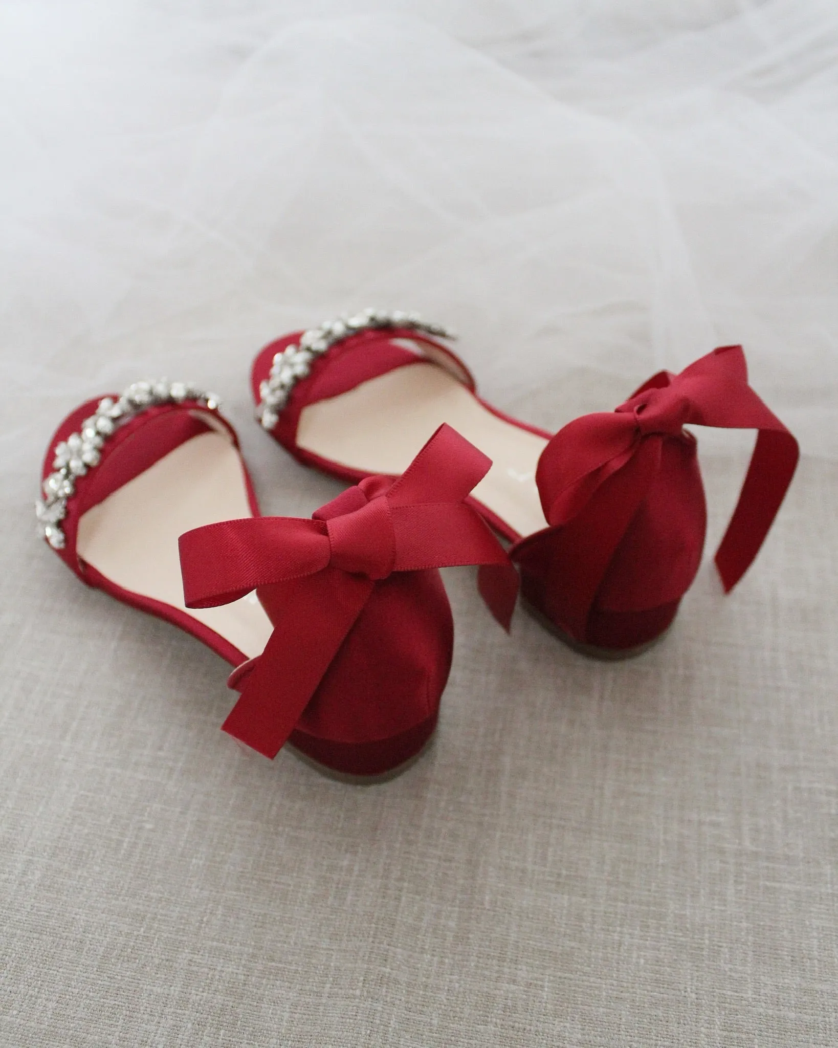 Burgundy Girls Satin Block Heel Sandals with Floral Rhinestones