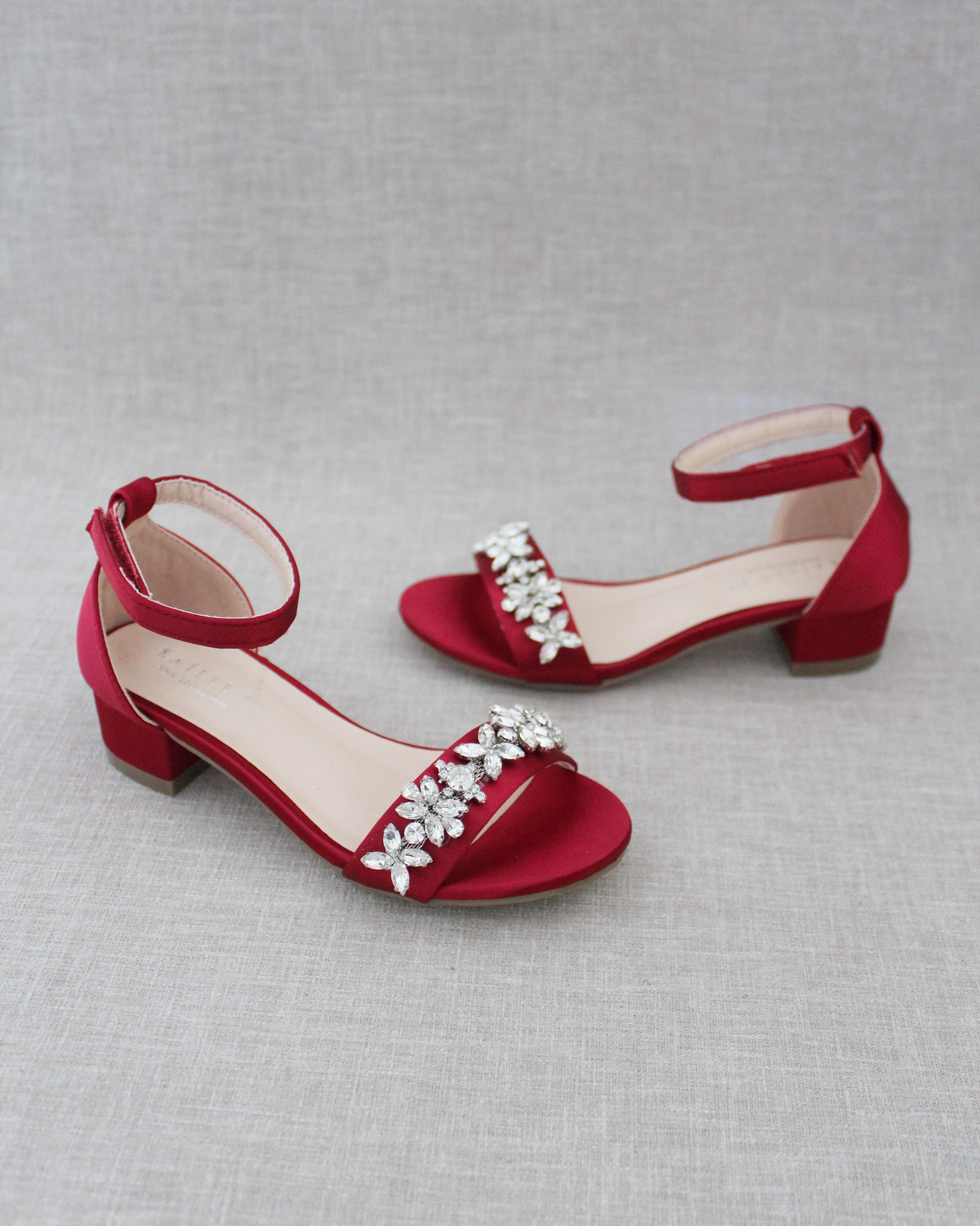 Burgundy Girls Satin Block Heel Sandals with Floral Rhinestones