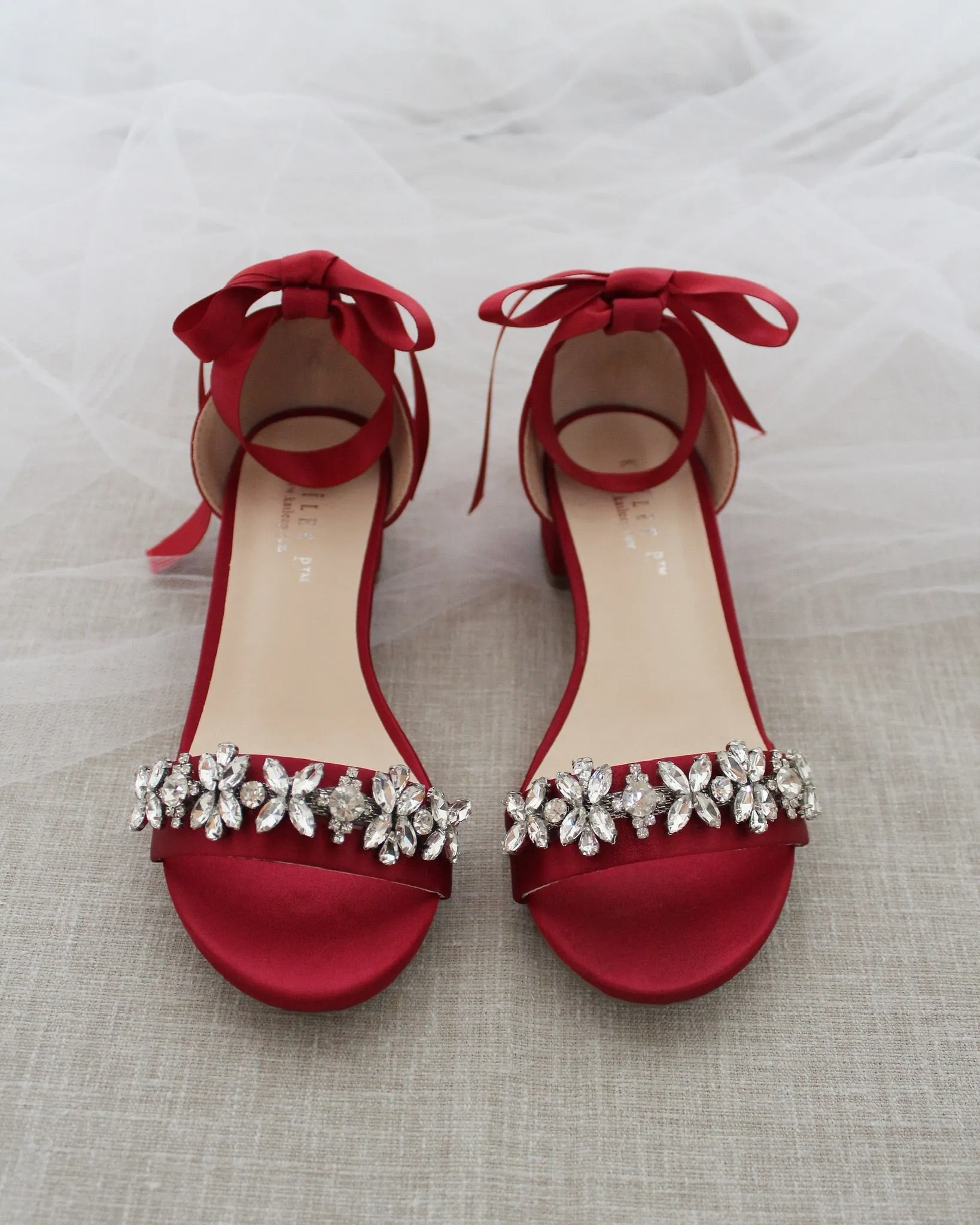 Burgundy Girls Satin Block Heel Sandals with Floral Rhinestones