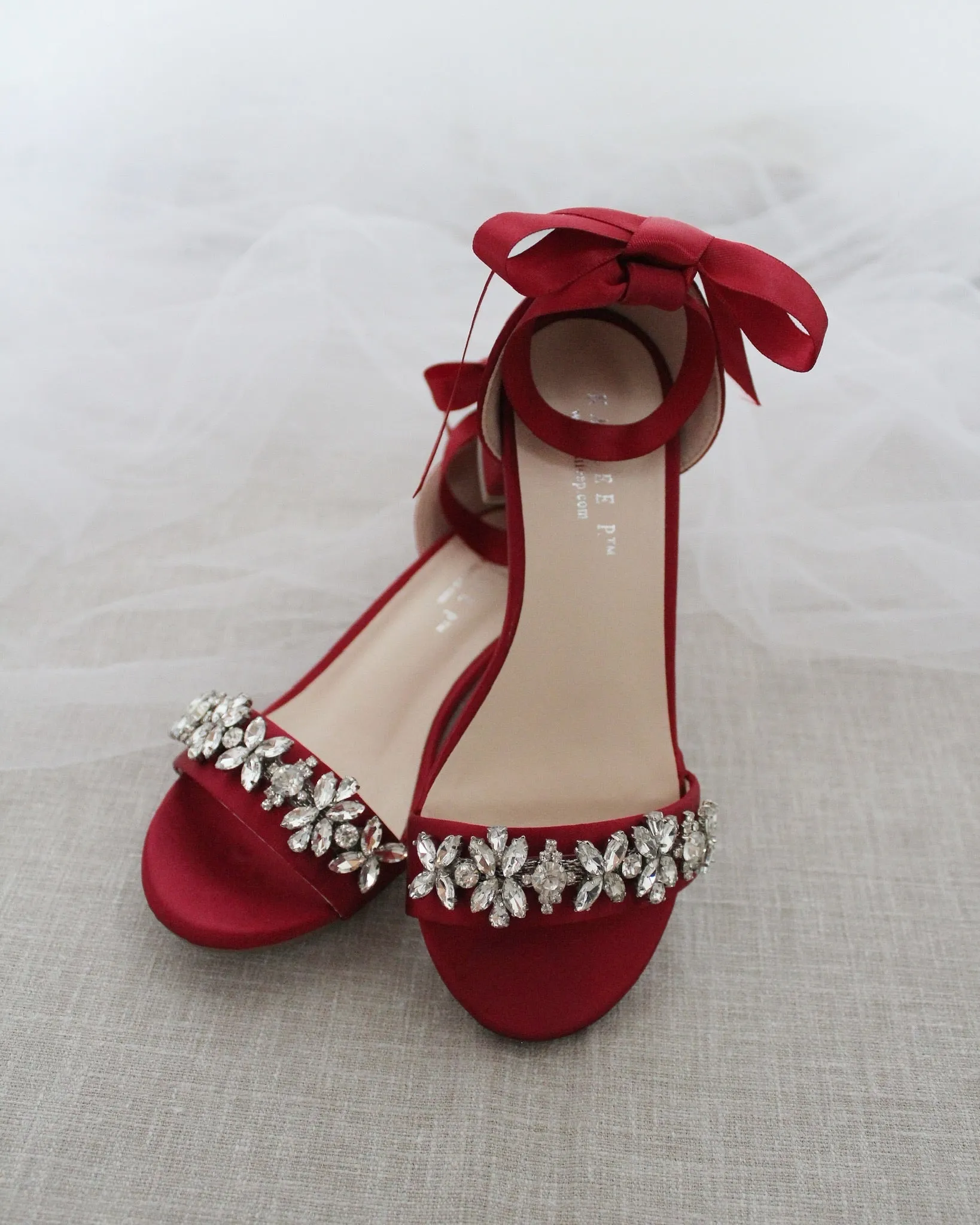 Burgundy Girls Satin Block Heel Sandals with Floral Rhinestones