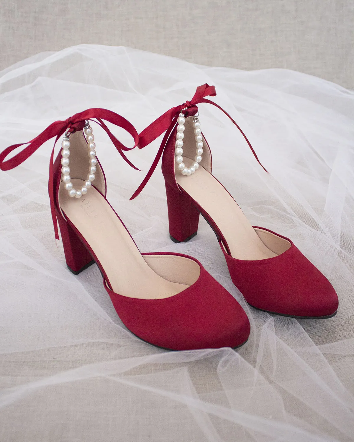 Burgundy Satin Block Heel with Pearls Ankle Strap