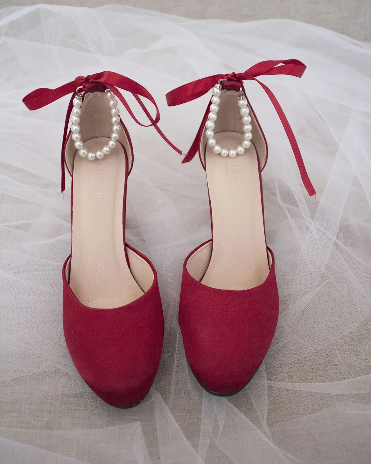 Burgundy Satin Block Heel with Pearls Ankle Strap