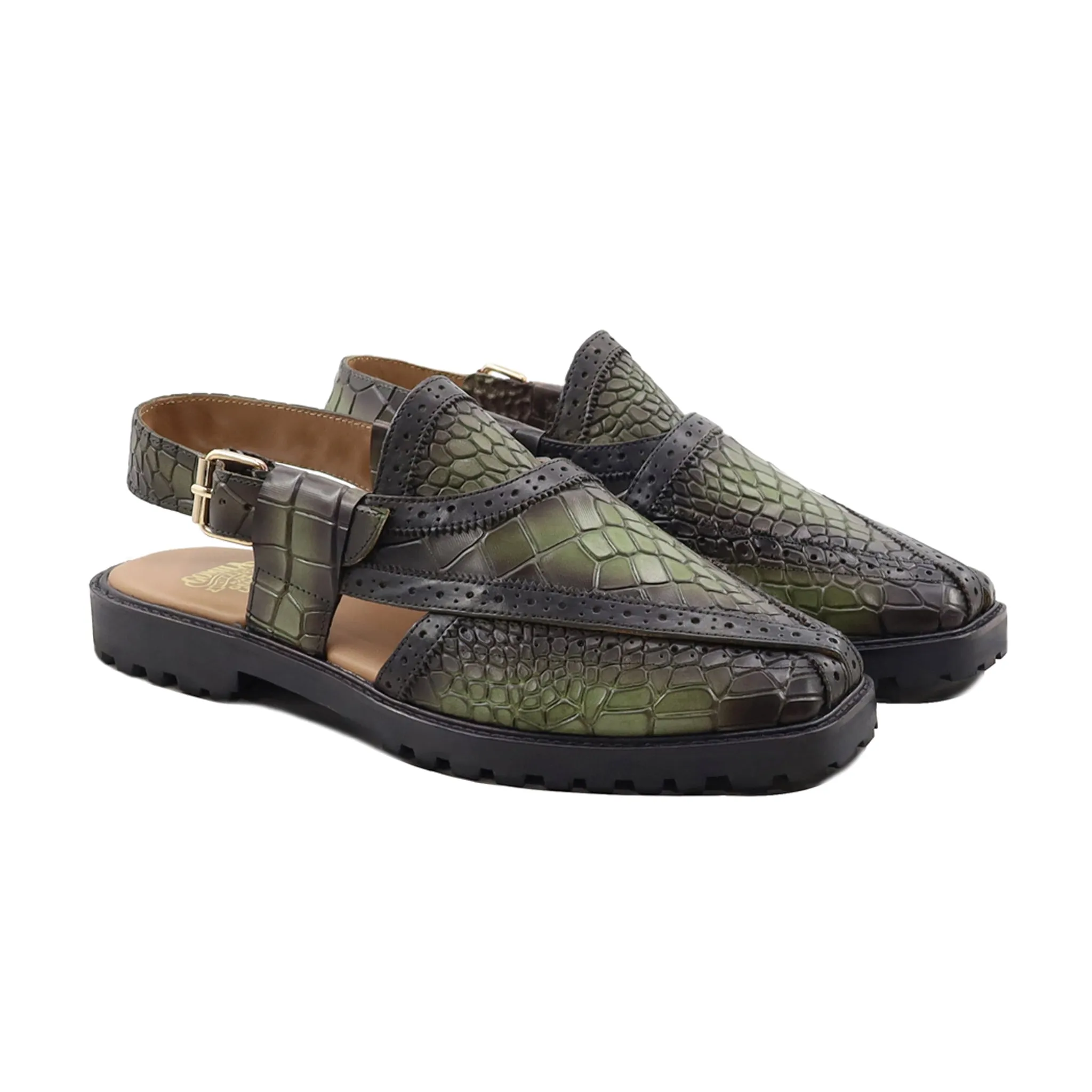 Charleroi - Men's Burnish Green Printed Crocodile Leather Sandal