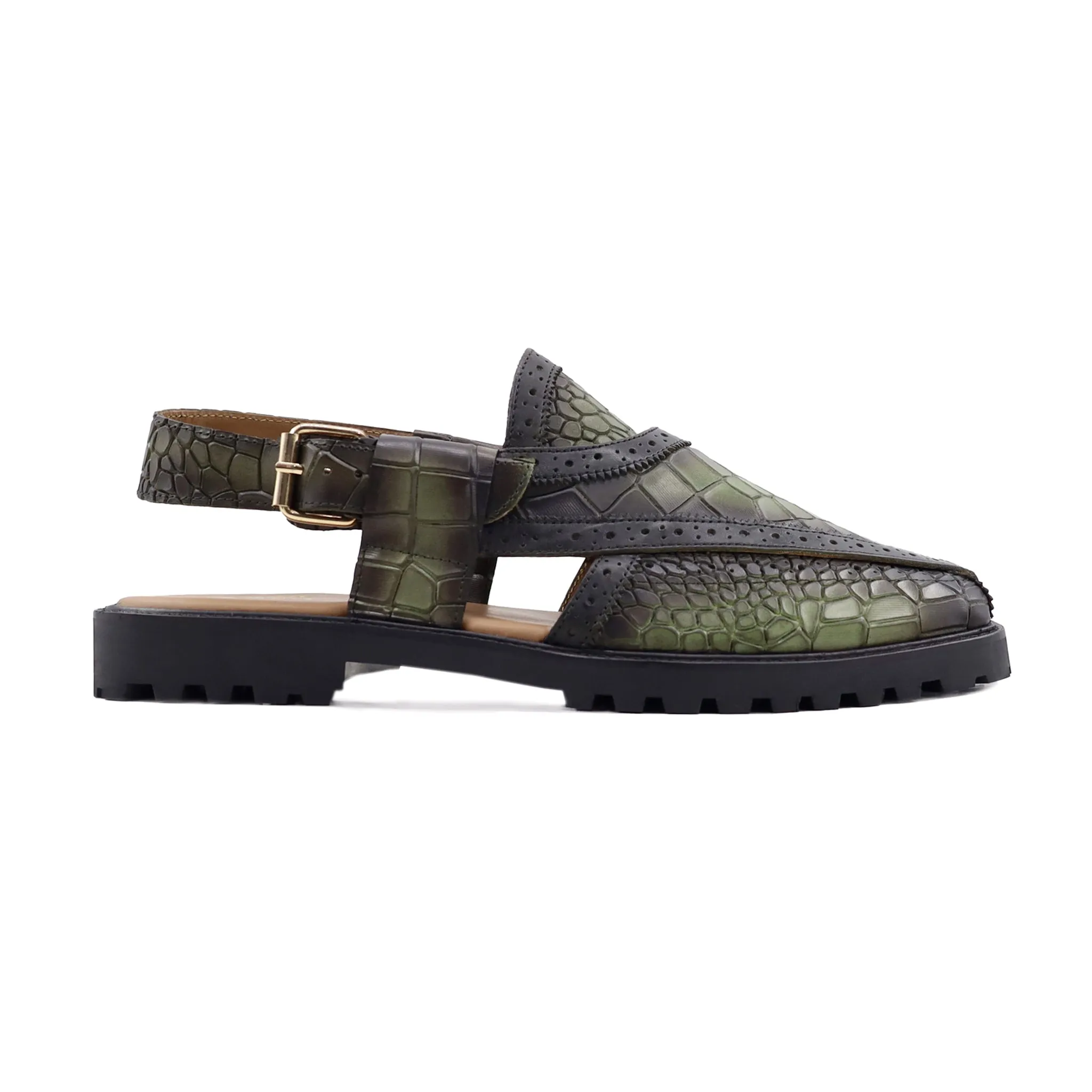 Charleroi - Men's Burnish Green Printed Crocodile Leather Sandal