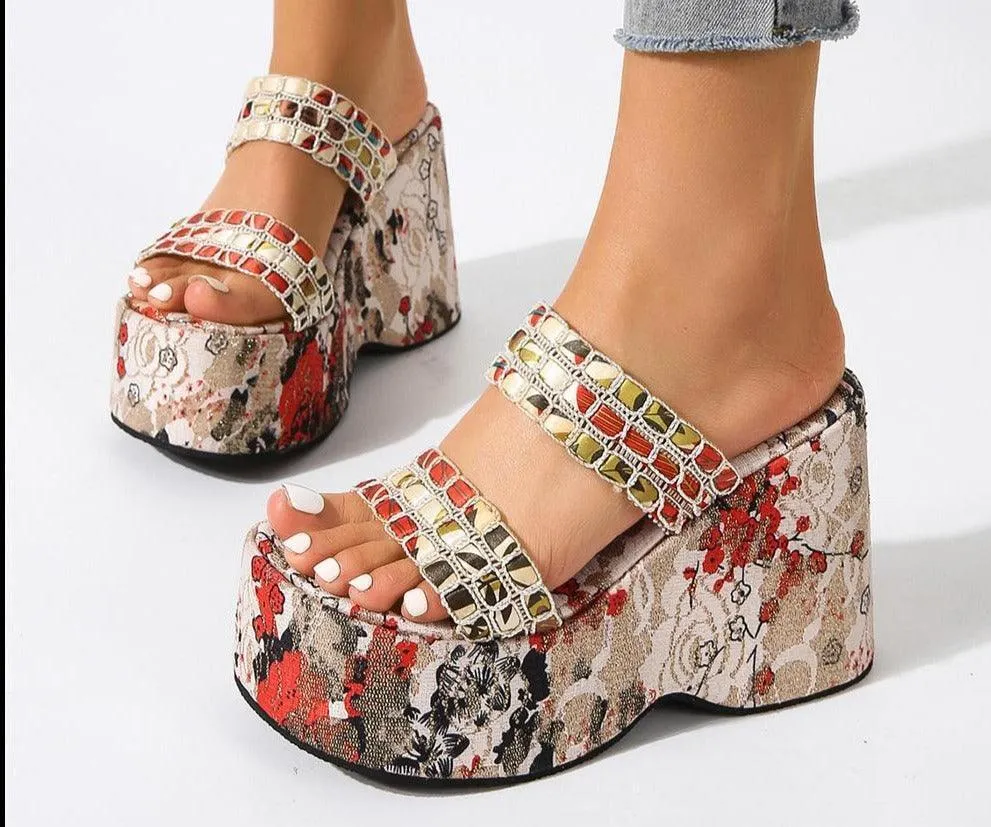 Chunky Printed Wedge Sandals