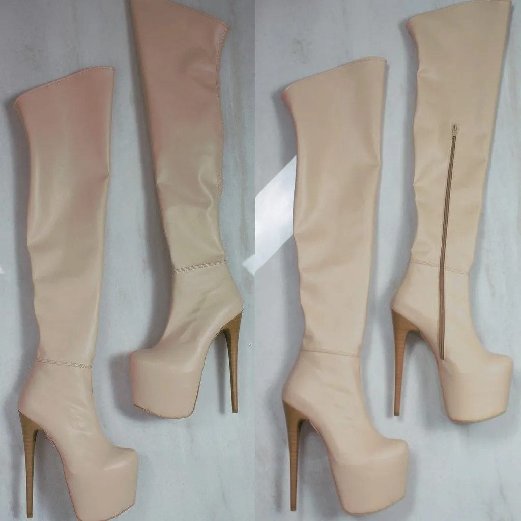 Cream Nude Knee High Platform Boots