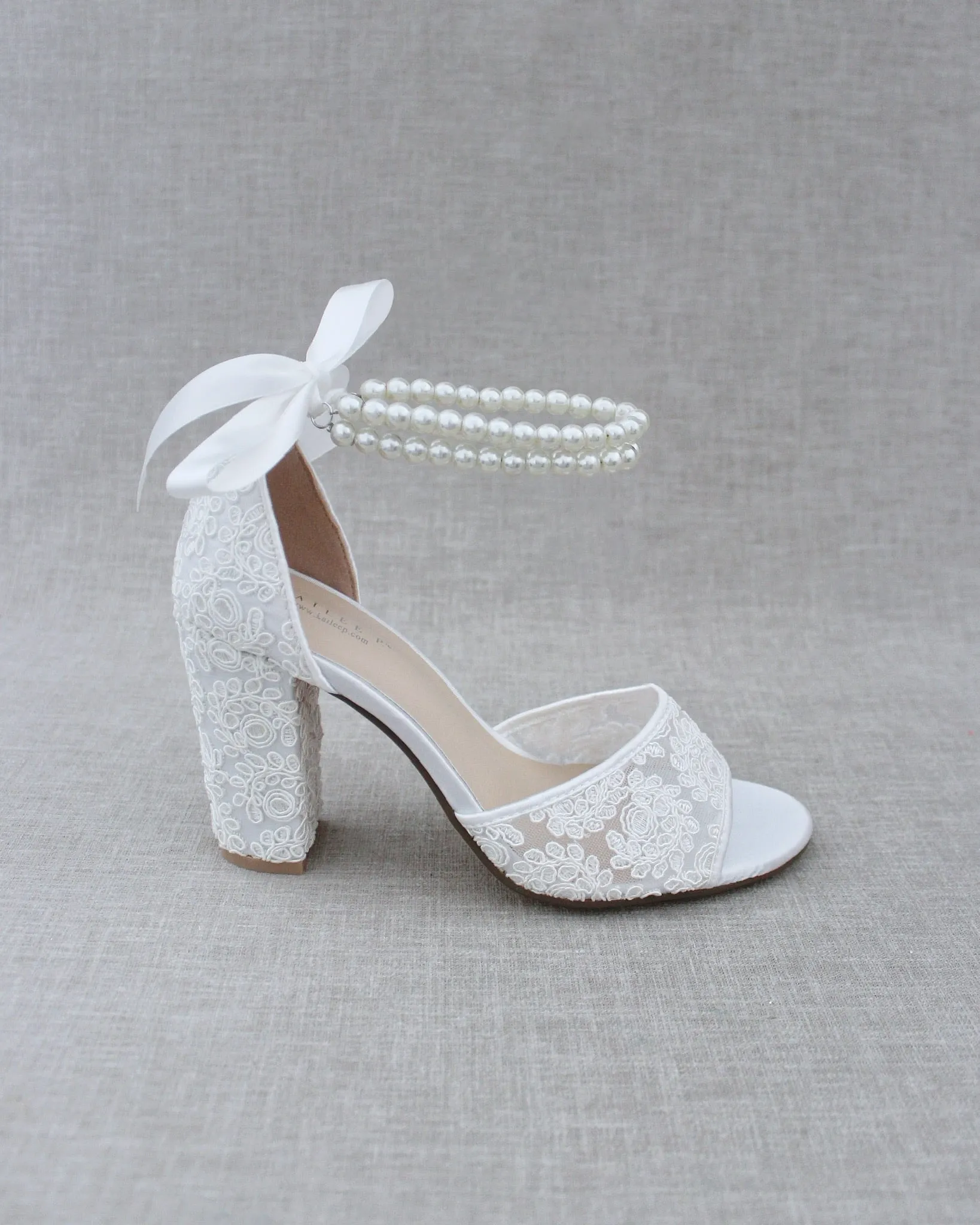 Crochet Lace Block Heel Sandals with Double Pearls Ankle Strap