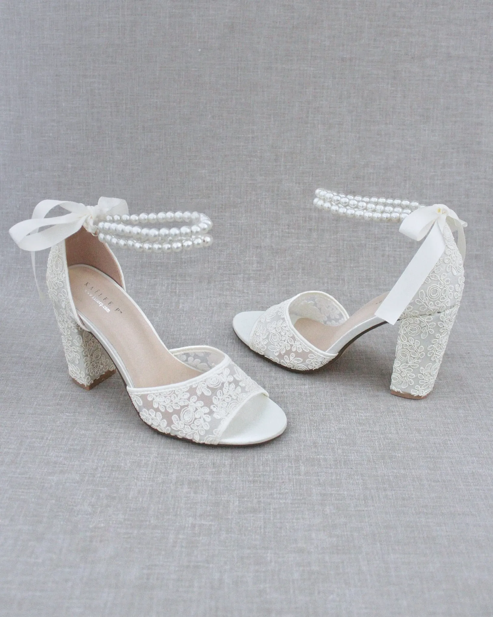 Crochet Lace Block Heel Sandals with Double Pearls Ankle Strap