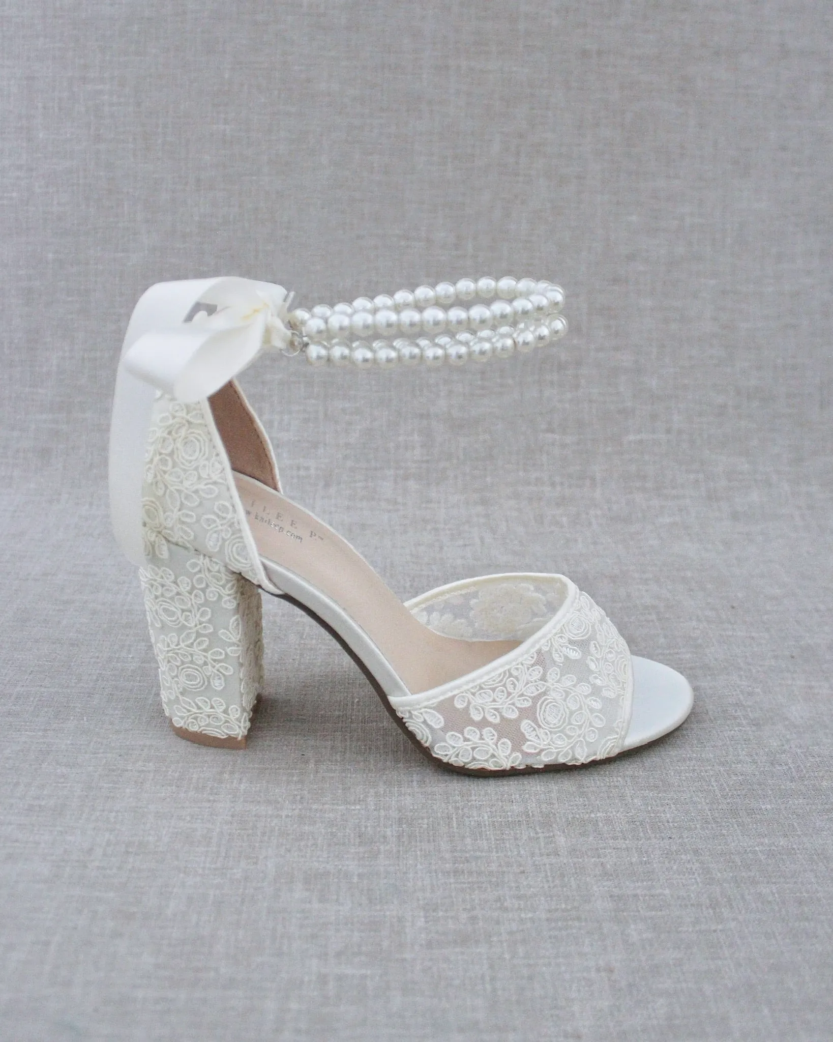 Crochet Lace Block Heel Sandals with Double Pearls Ankle Strap