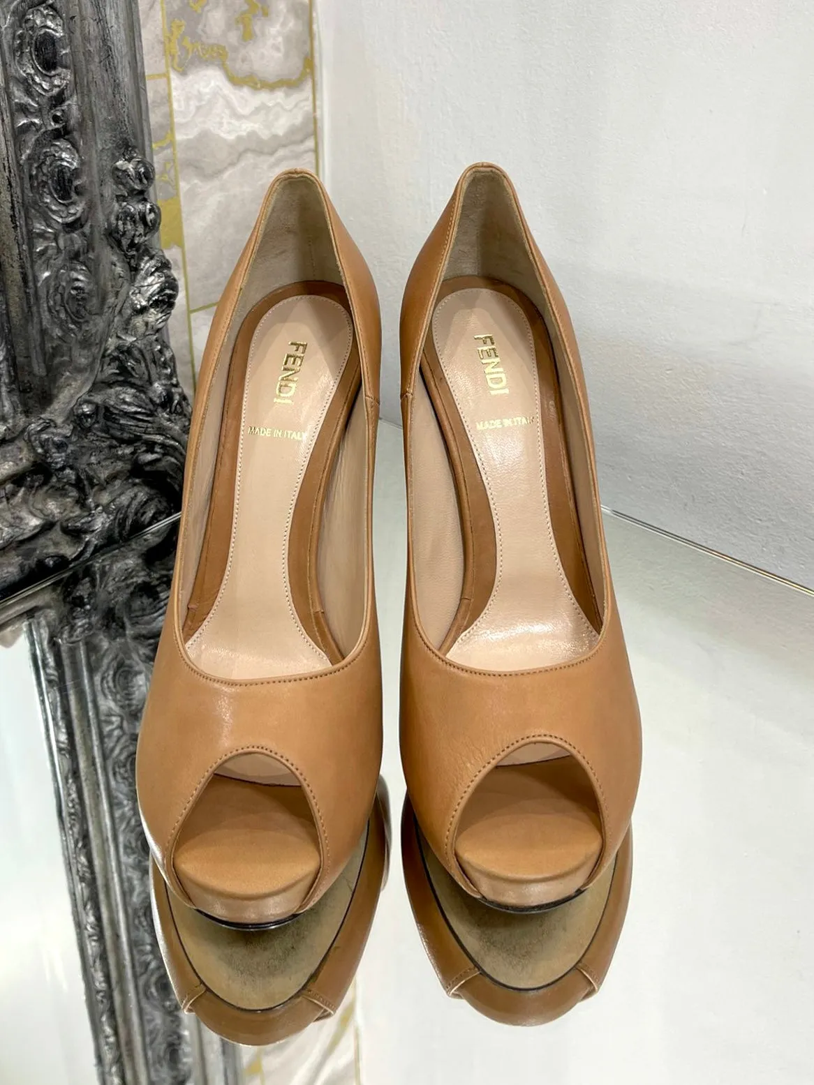 Fendi All Over Logo Leather Heels, Size 39