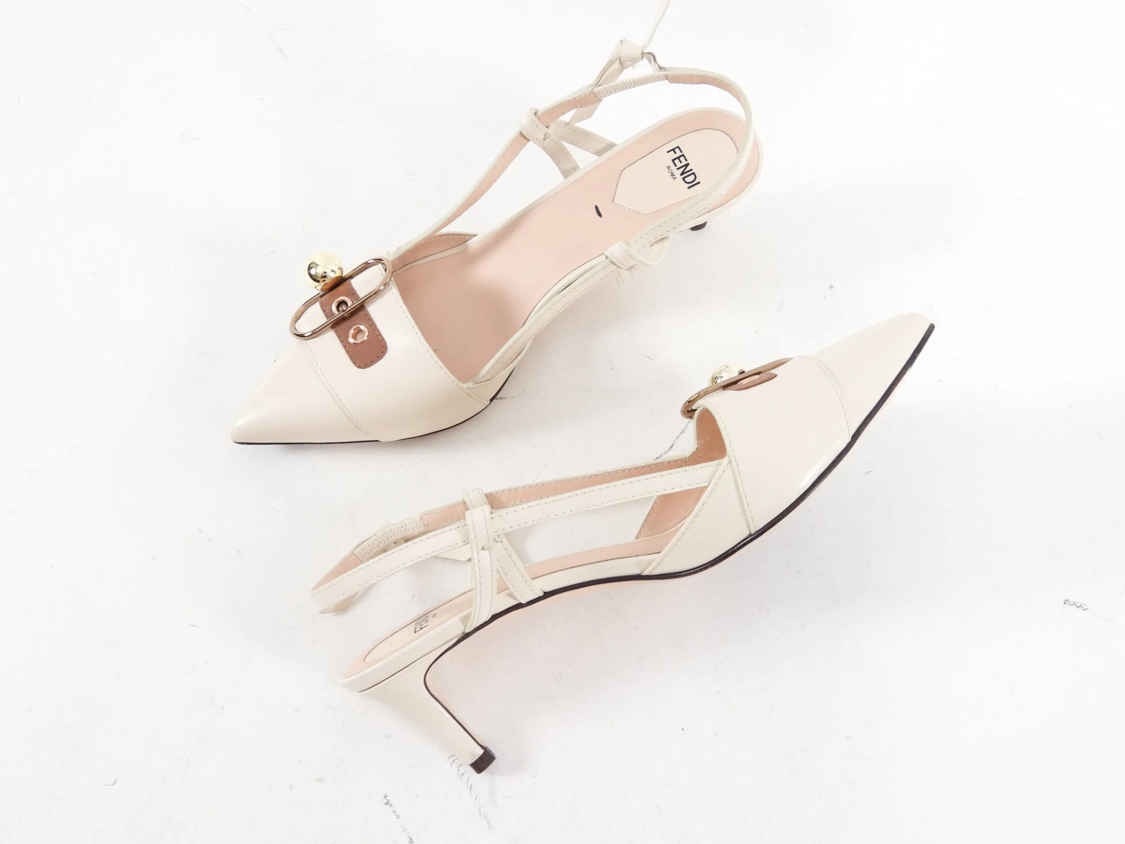 Fendi Ivory Leather Embellished Slingback - IT38 / USA 7.5