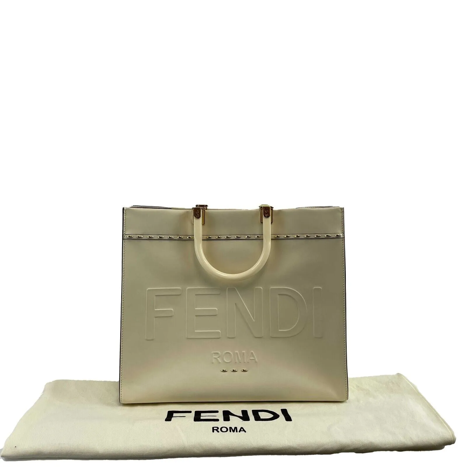 FENDI - Plexiglass Handle Sunshine Medium Cream Shopper Tote w/ Shoulder Strap