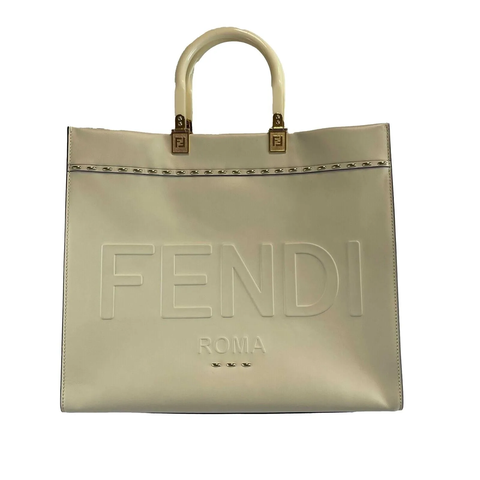 FENDI - Plexiglass Handle Sunshine Medium Cream Shopper Tote w/ Shoulder Strap