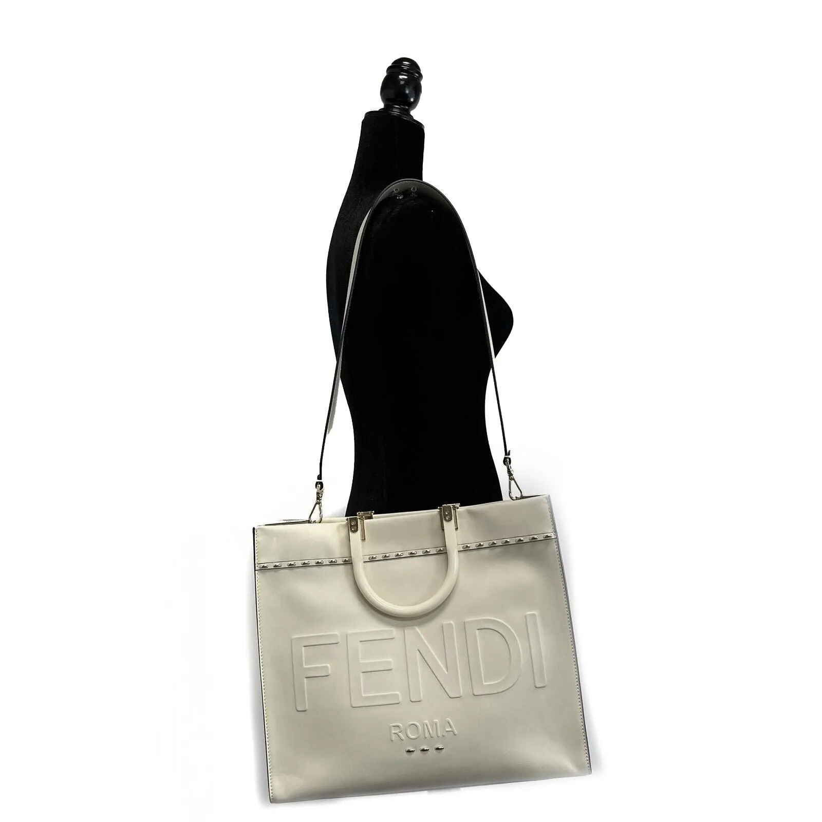 FENDI - Plexiglass Handle Sunshine Medium Cream Shopper Tote w/ Shoulder Strap