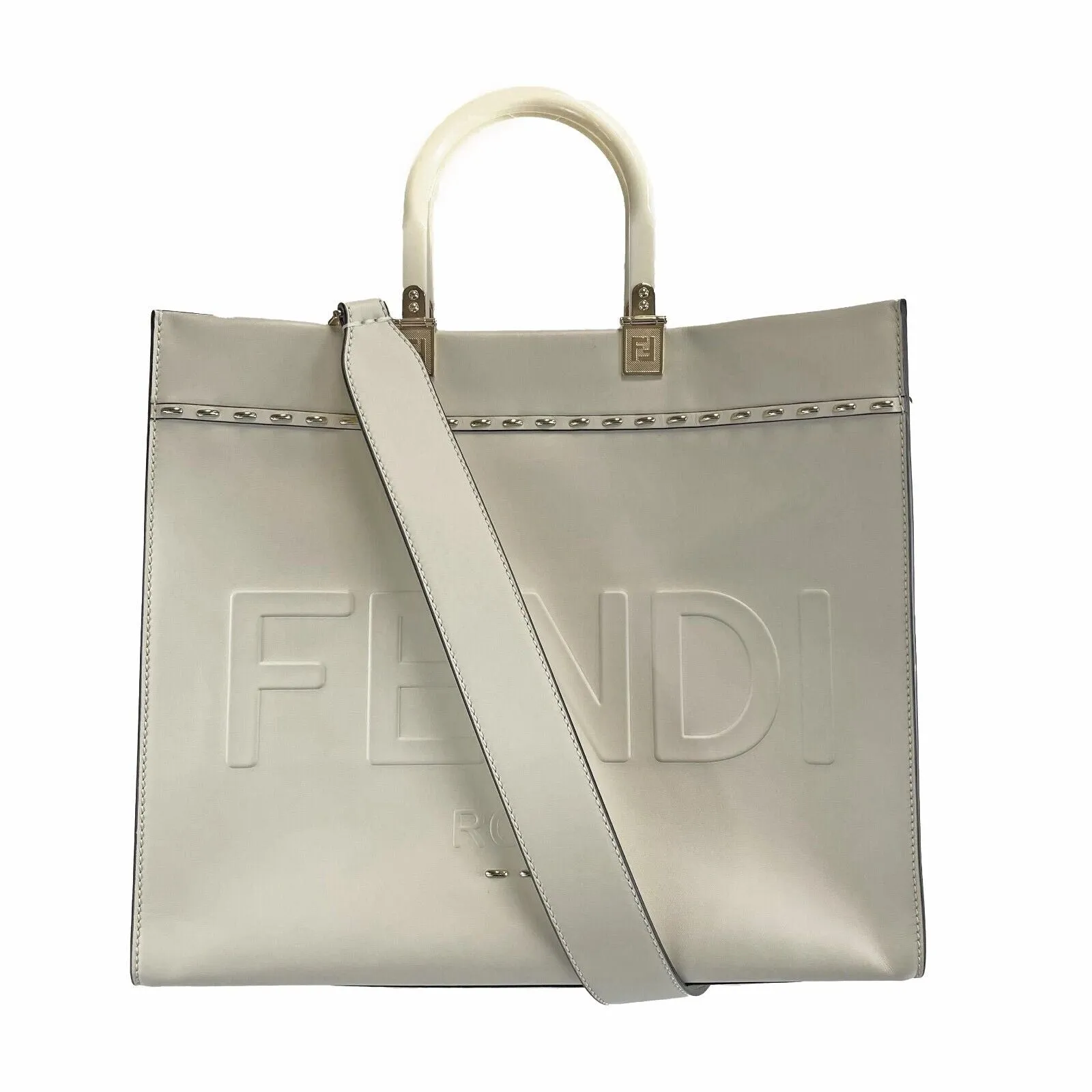 FENDI - Plexiglass Handle Sunshine Medium Cream Shopper Tote w/ Shoulder Strap