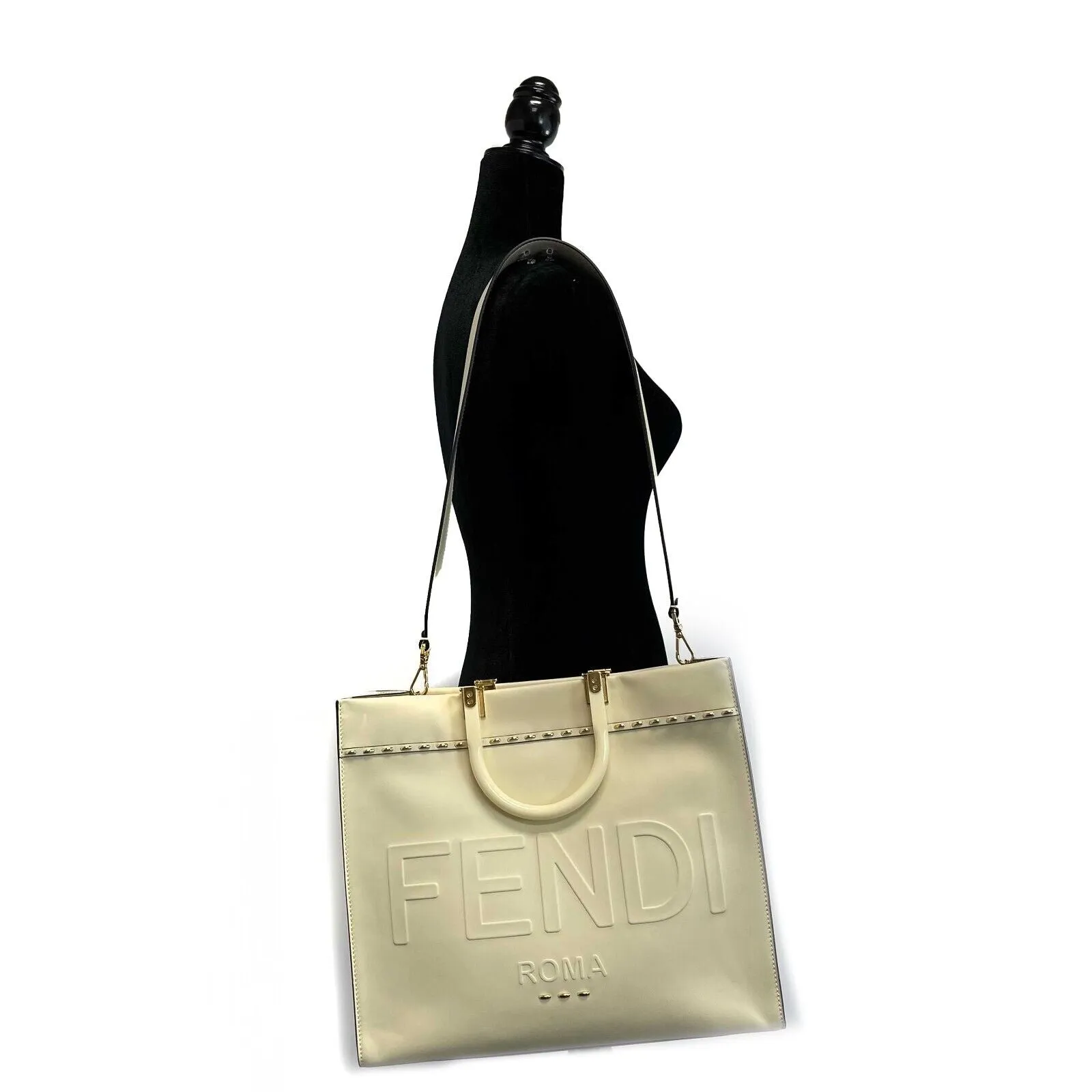 FENDI - Plexiglass Handle Sunshine Medium Cream Shopper Tote w/ Shoulder Strap