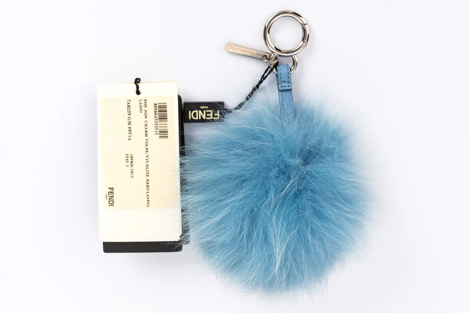 Fendi Pom Pom Light Blue Fur Bag Charm, Silver Hardware, no Dust Cover & Box