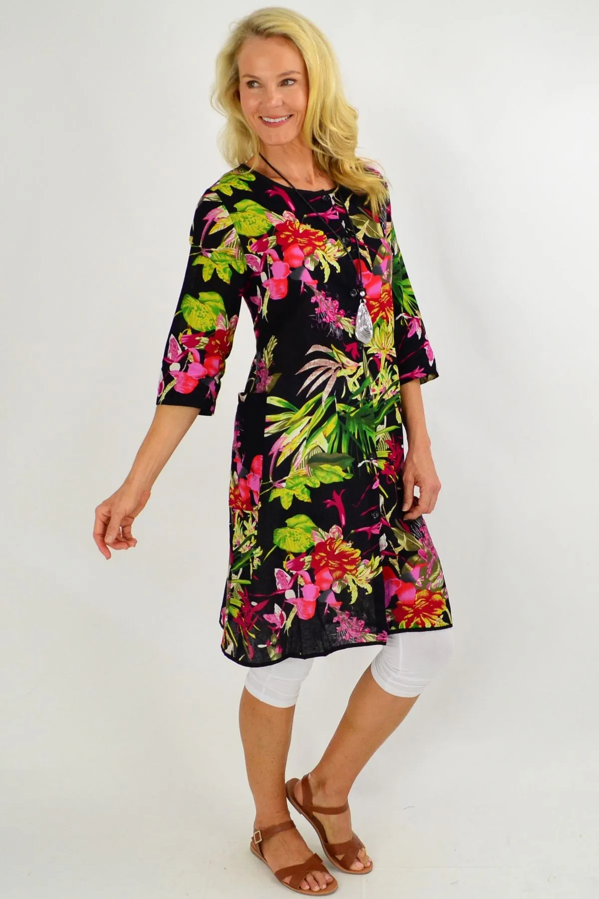 Floral Bouquet Button Up Tunic Dress