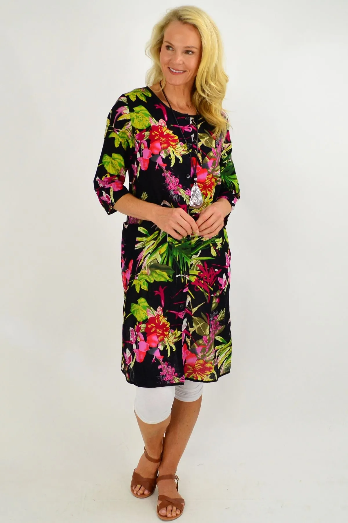 Floral Bouquet Button Up Tunic Dress