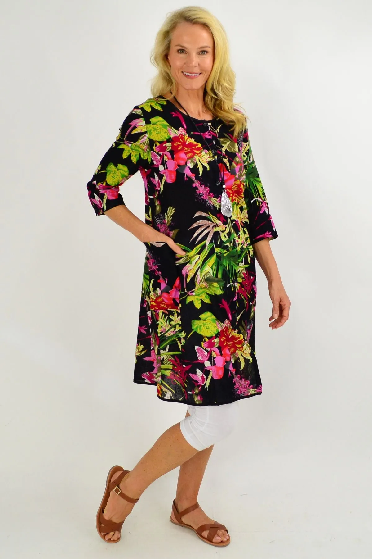 Floral Bouquet Button Up Tunic Dress