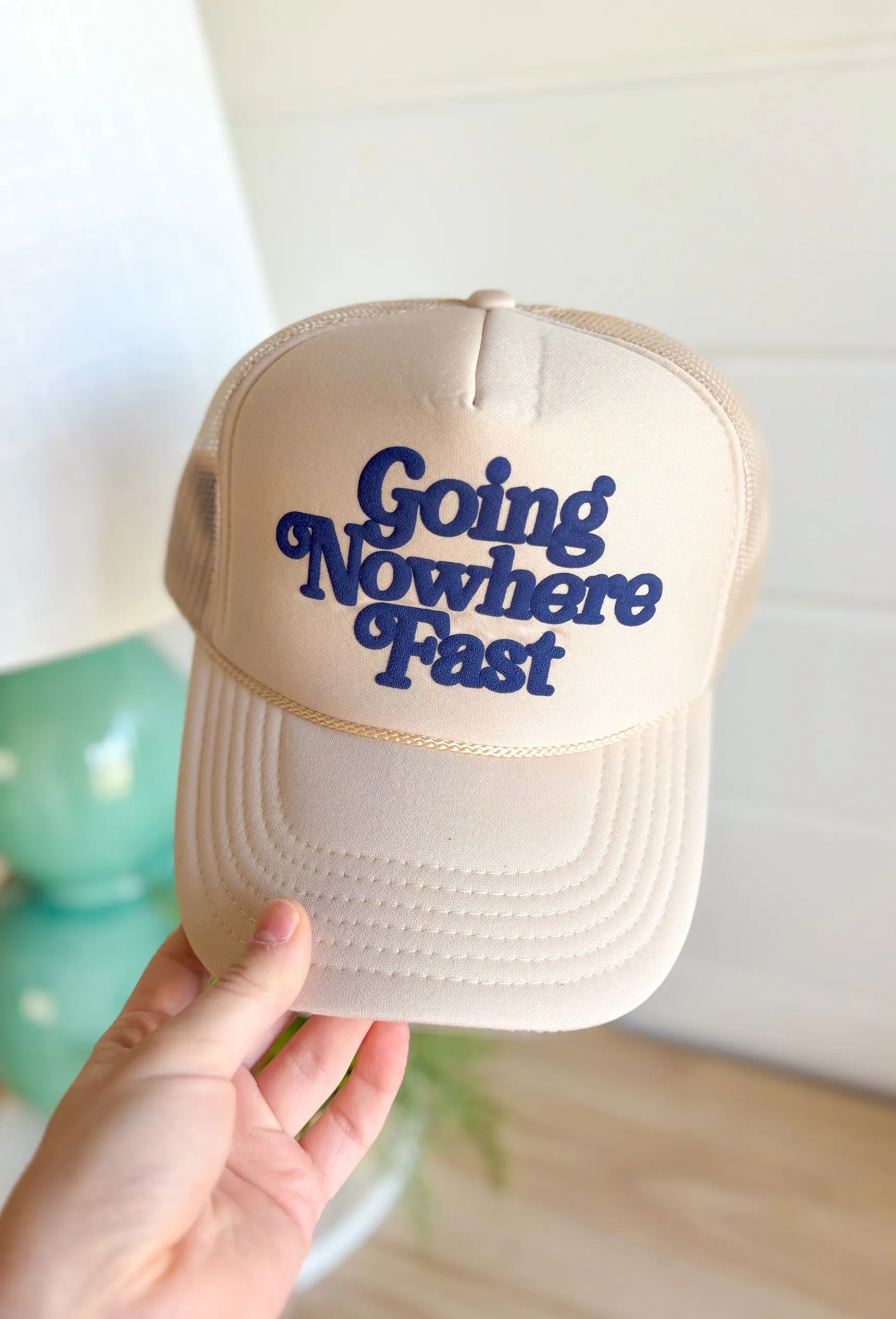 Going Nowhere Fast Trucker Hat in Tan