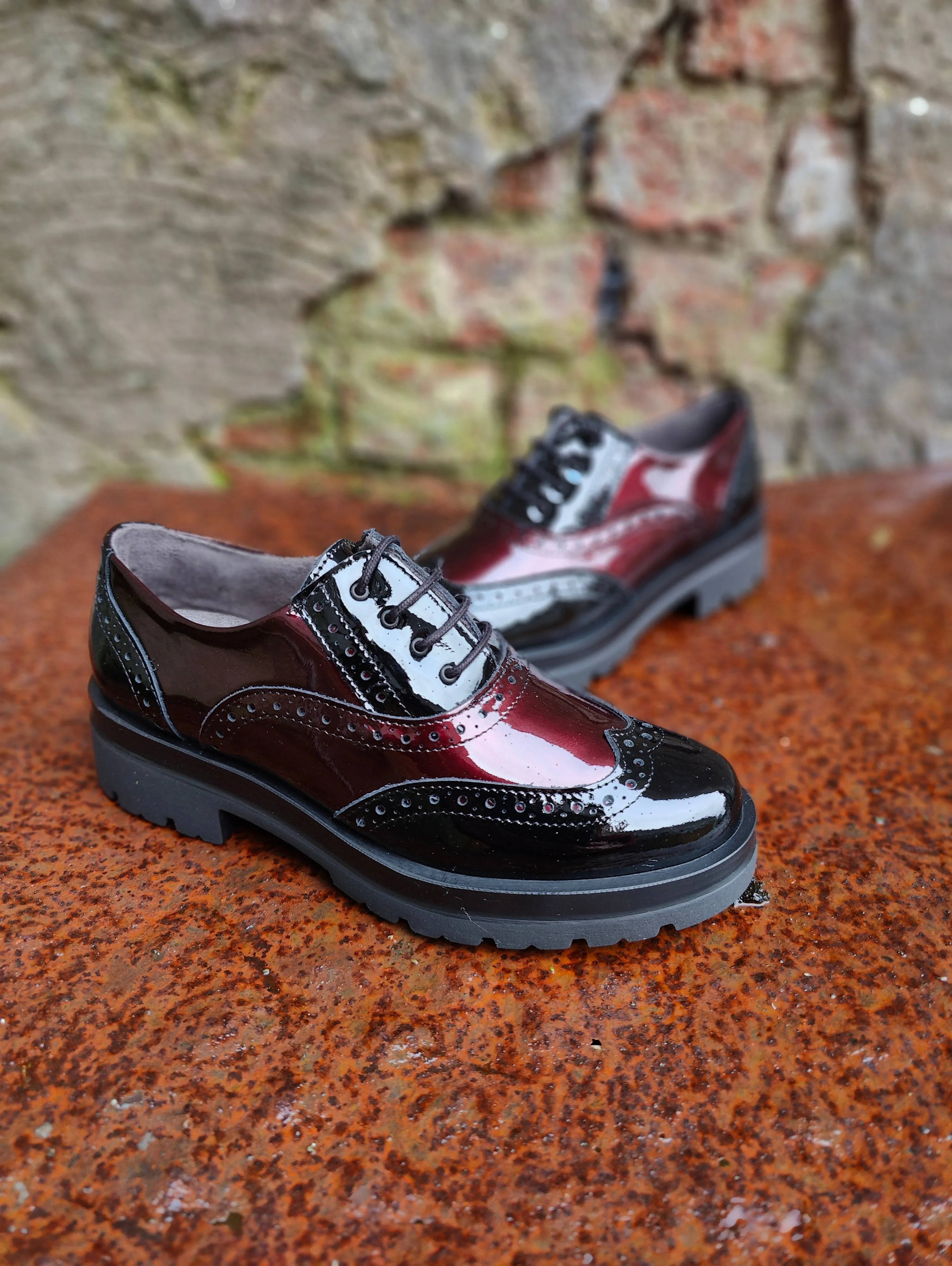 Lace Up Brogues Pitillos Patent Leather Ladies Work Smart Shoes Black/Burgundy 5362 SALE