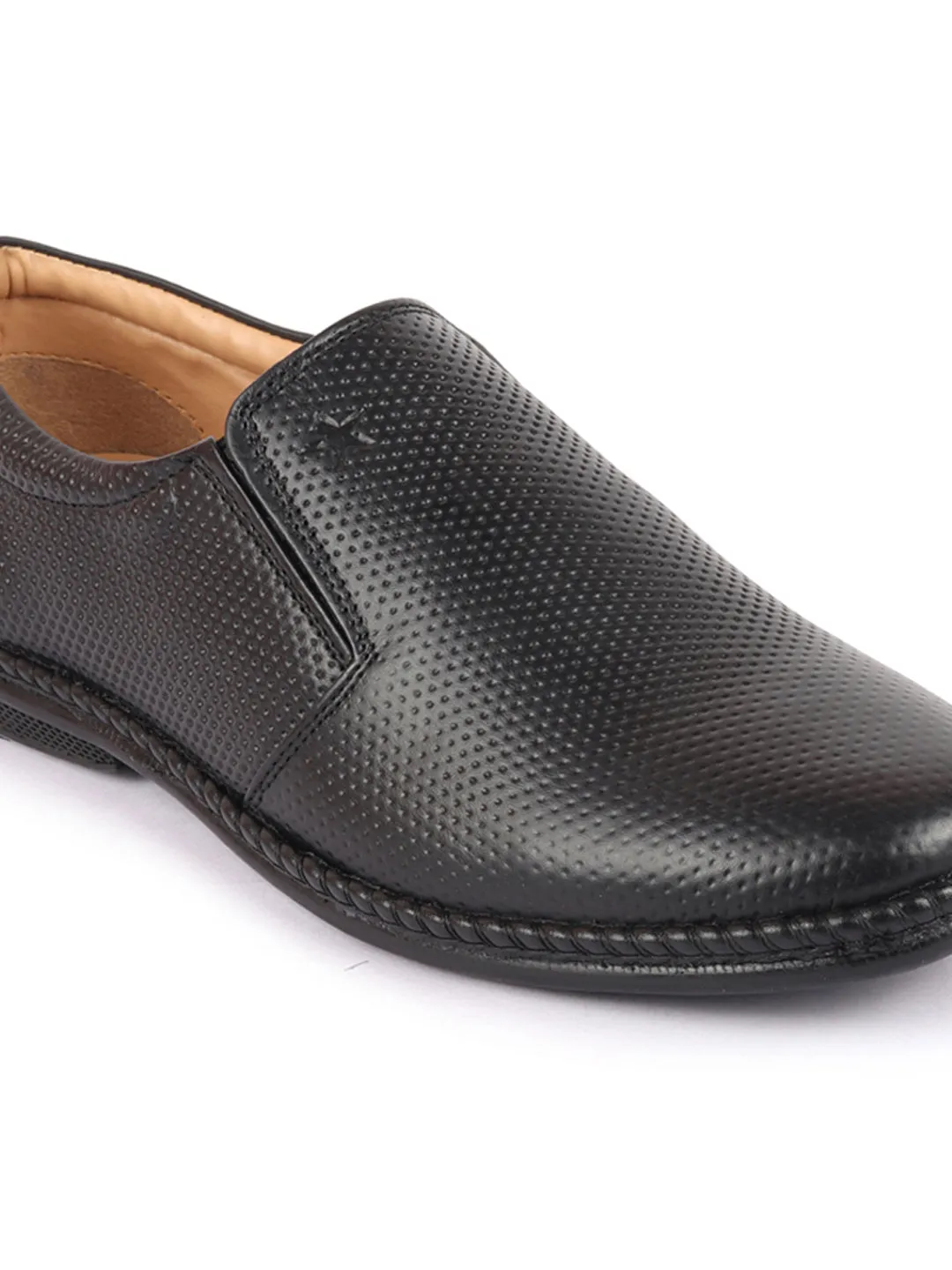 Men Black Textured Formal/Office Broad Toe Leather Slip On Shoes