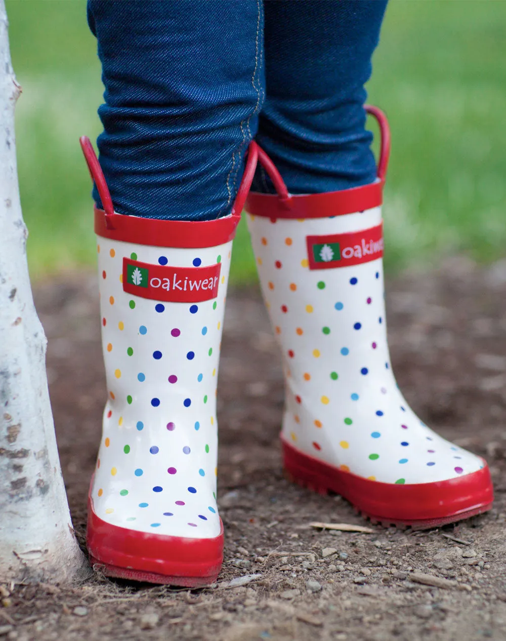 Rainbow Polka Dot Loop Handle Rubber Boots