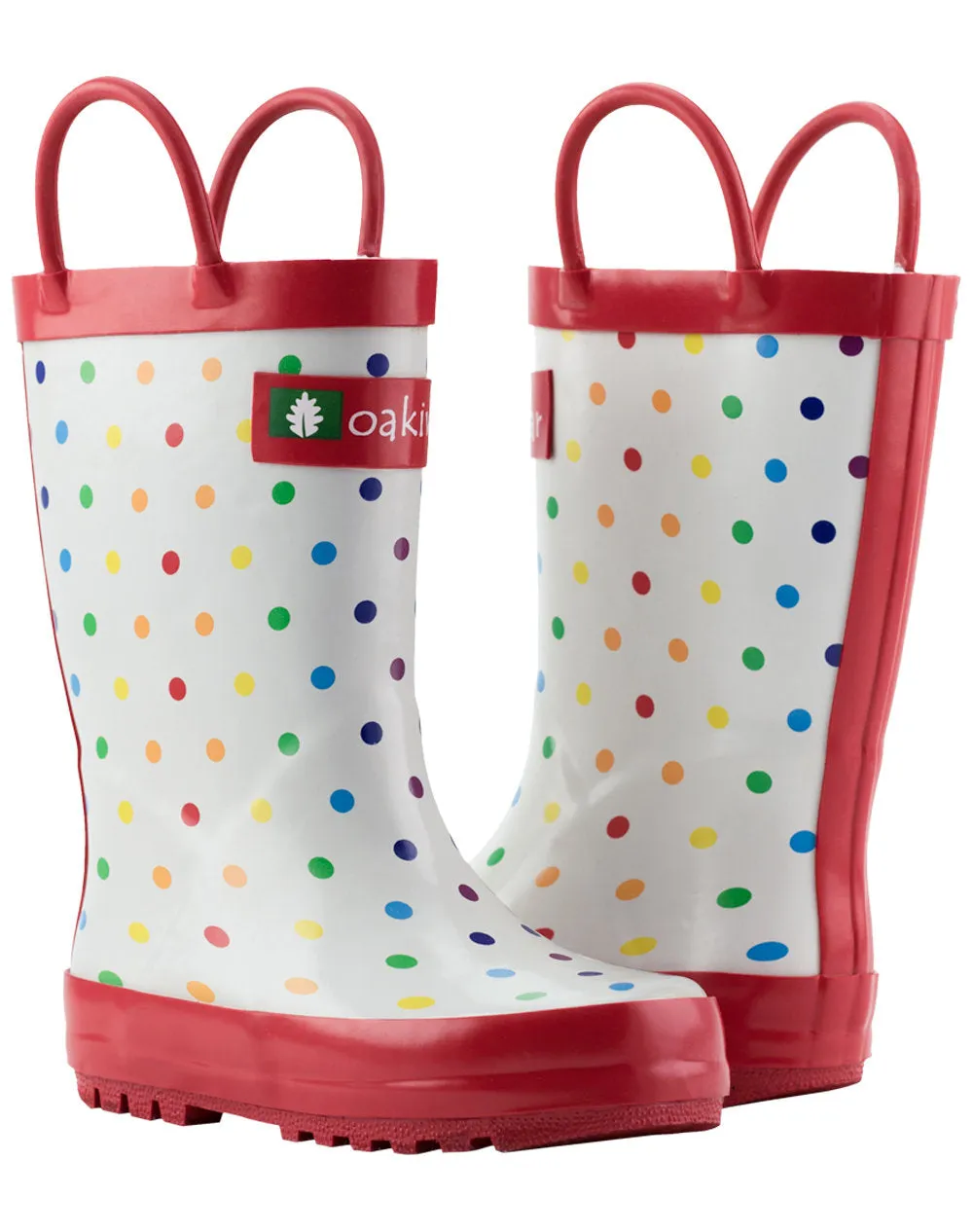 Rainbow Polka Dot Loop Handle Rubber Boots