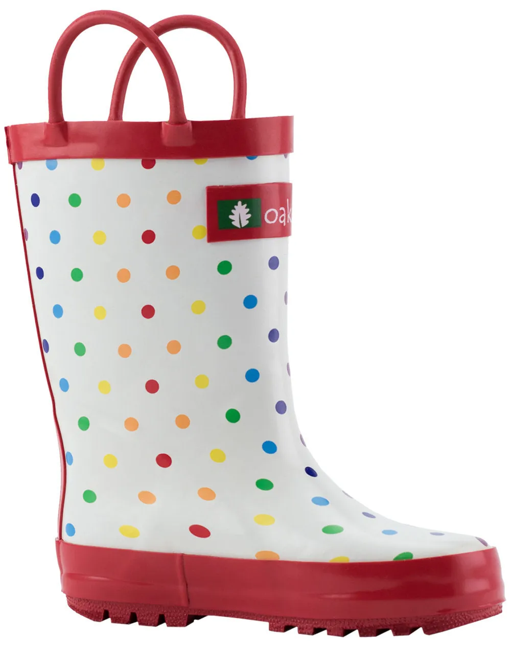 Rainbow Polka Dot Loop Handle Rubber Boots