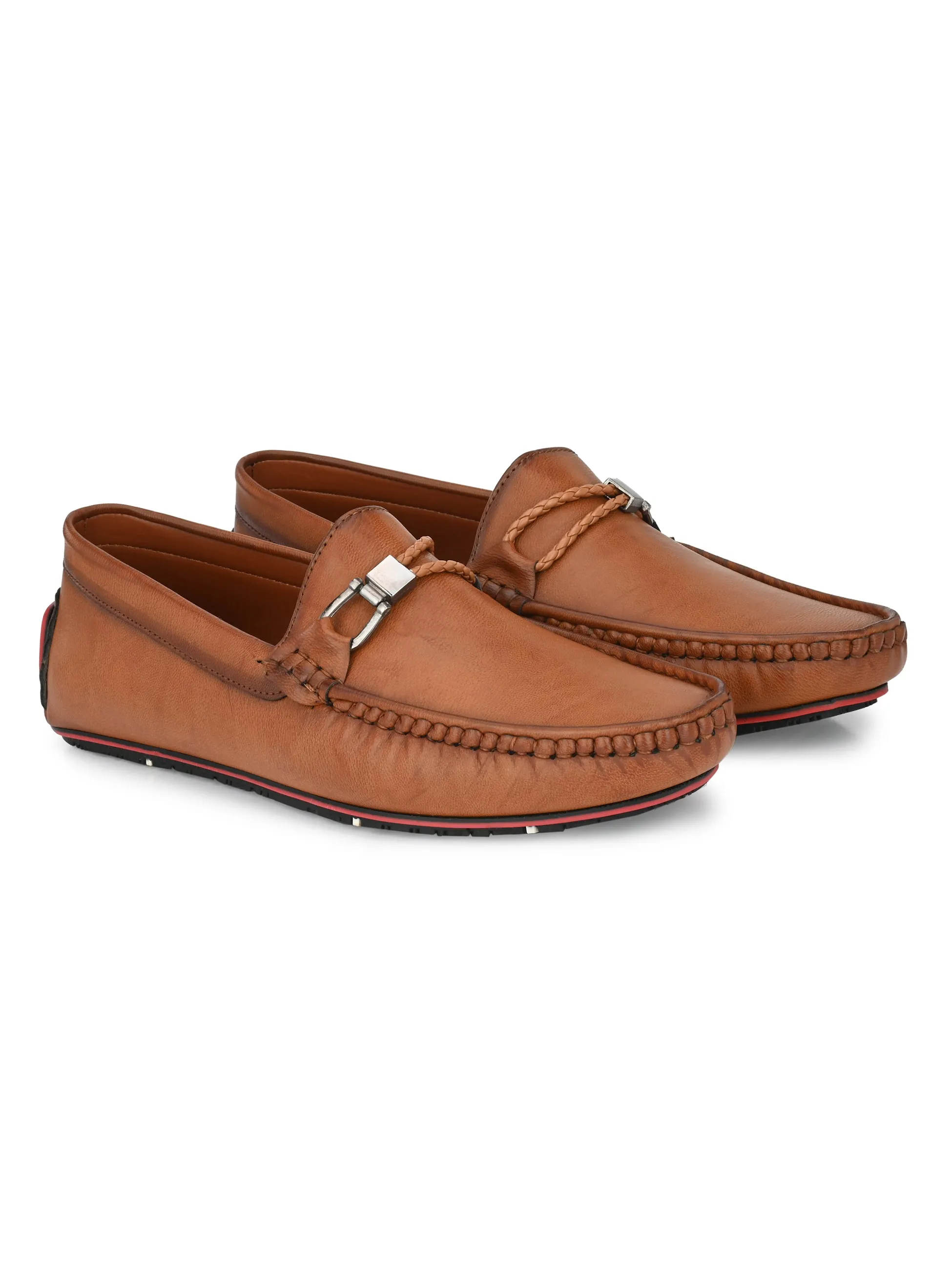 Round Toe Buckle Tan Loafers