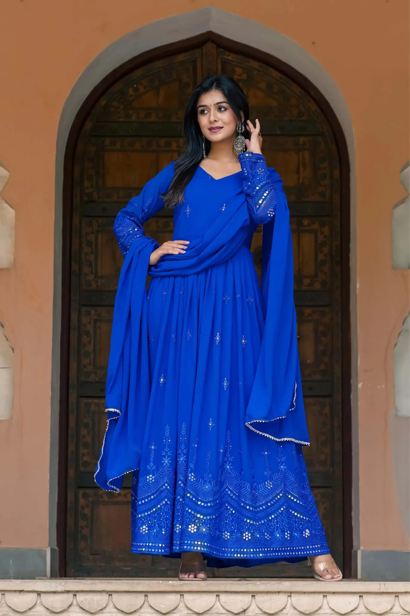 Traditional Mirror Work Gowns With Dupatta Set