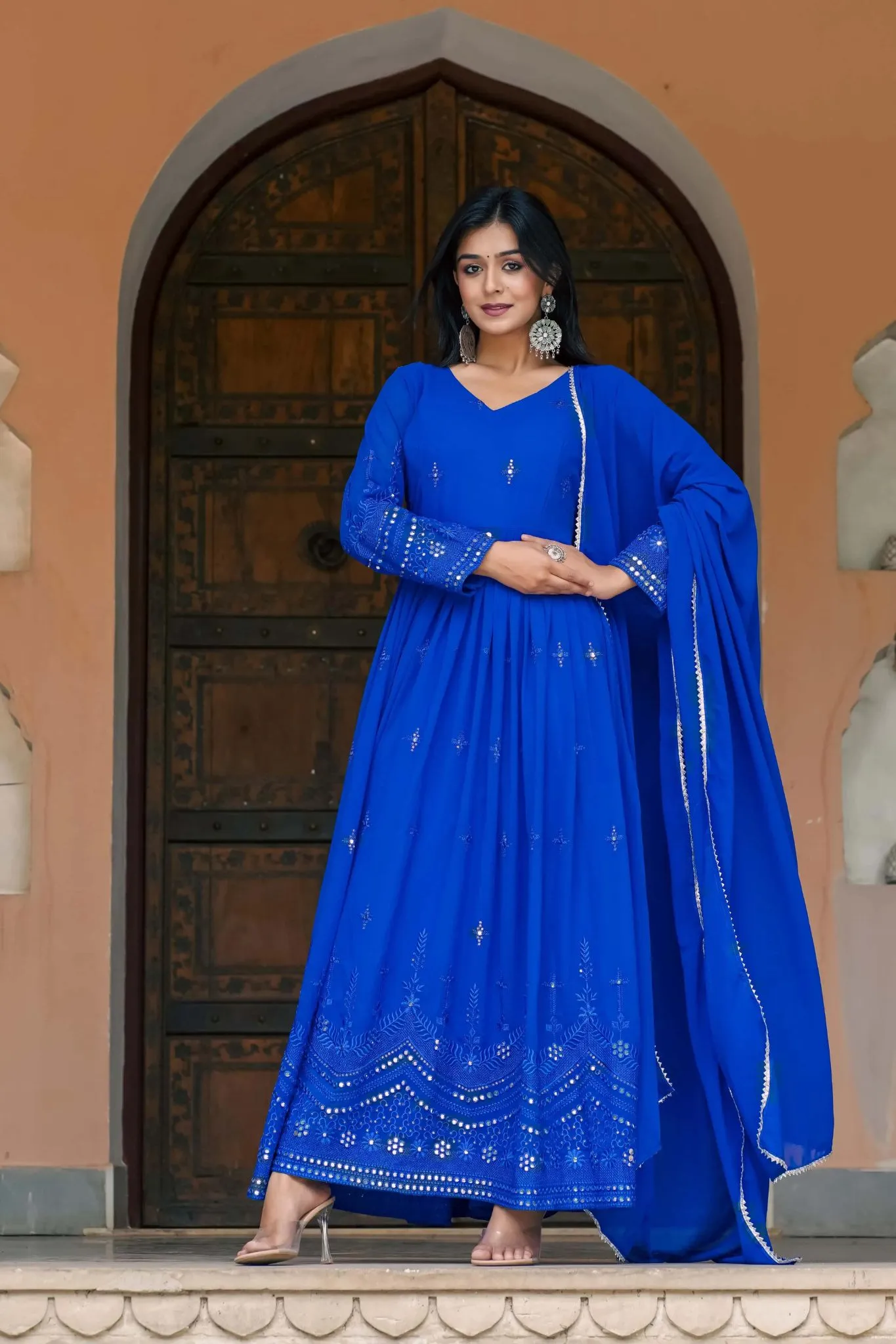 Traditional Mirror Work Gowns With Dupatta Set