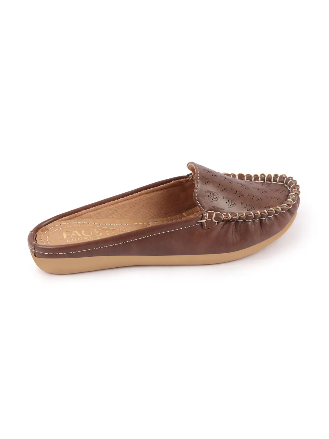 Women Brown Side Stitched Printed Back Open Slip On Mules Shoes