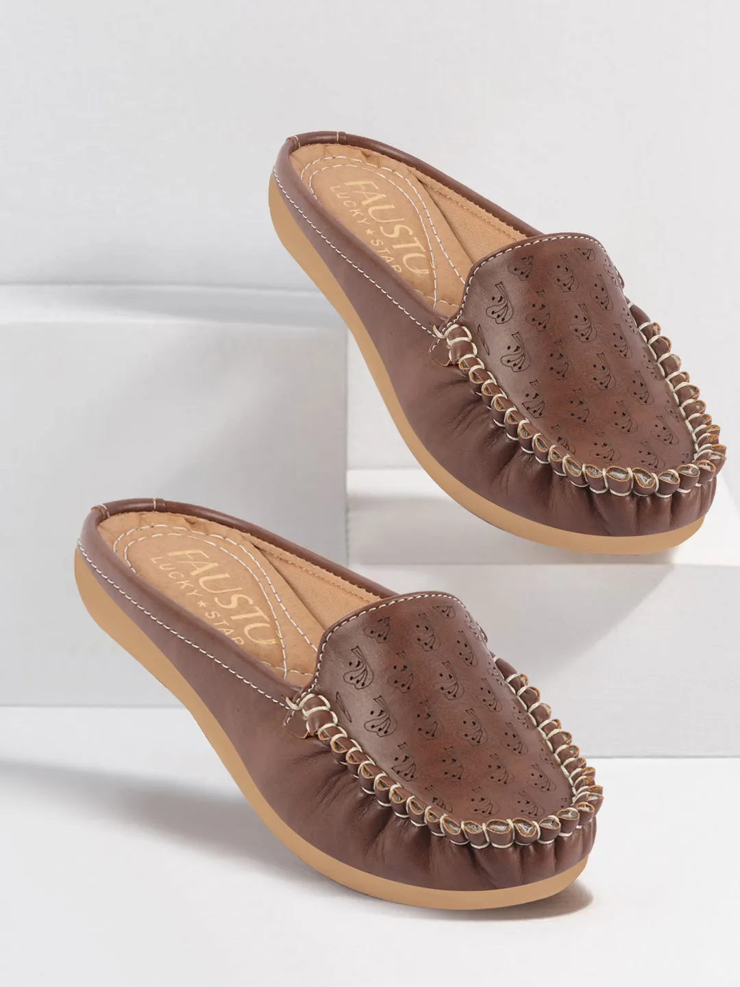 Women Brown Side Stitched Printed Back Open Slip On Mules Shoes