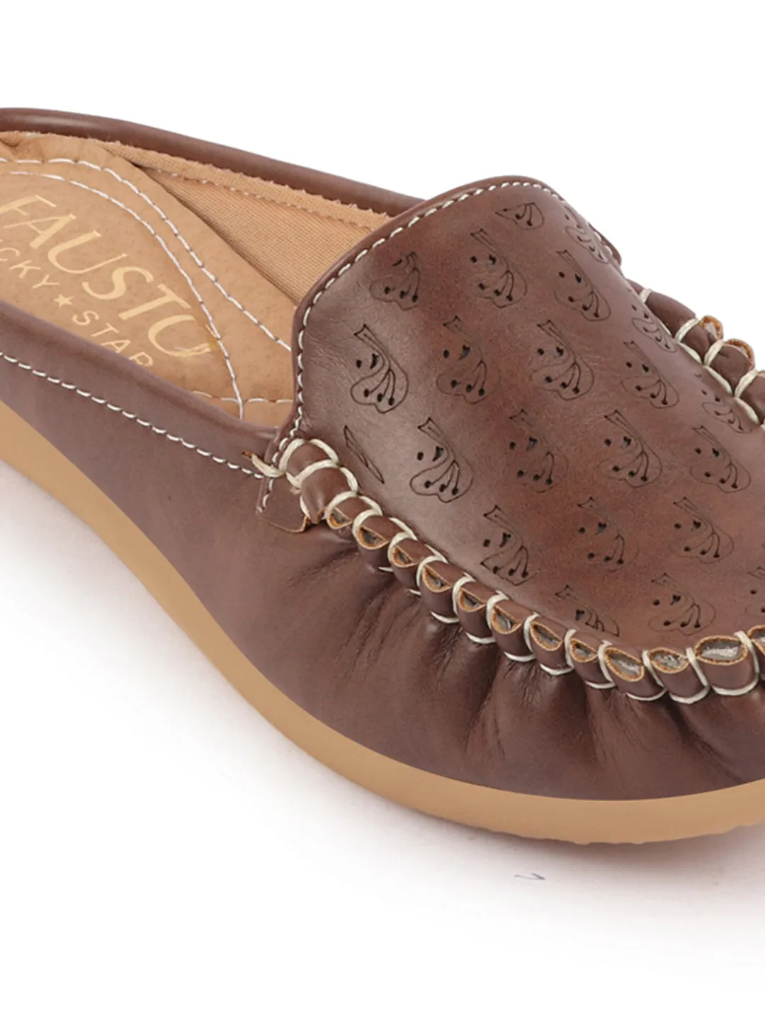 Women Brown Side Stitched Printed Back Open Slip On Mules Shoes