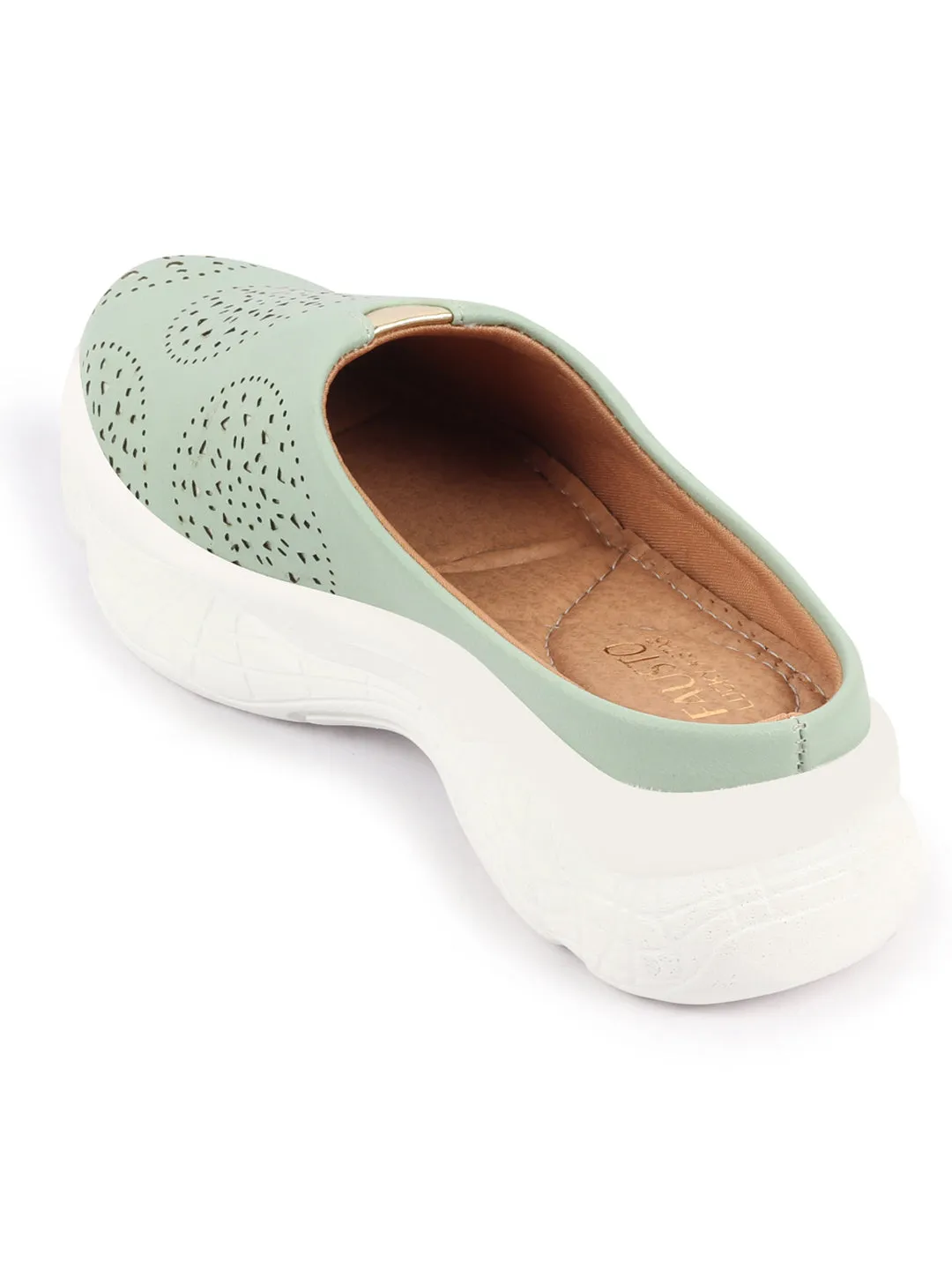 Women Pista Green Laser Cut Design Back Open Slip On Mules Shoes