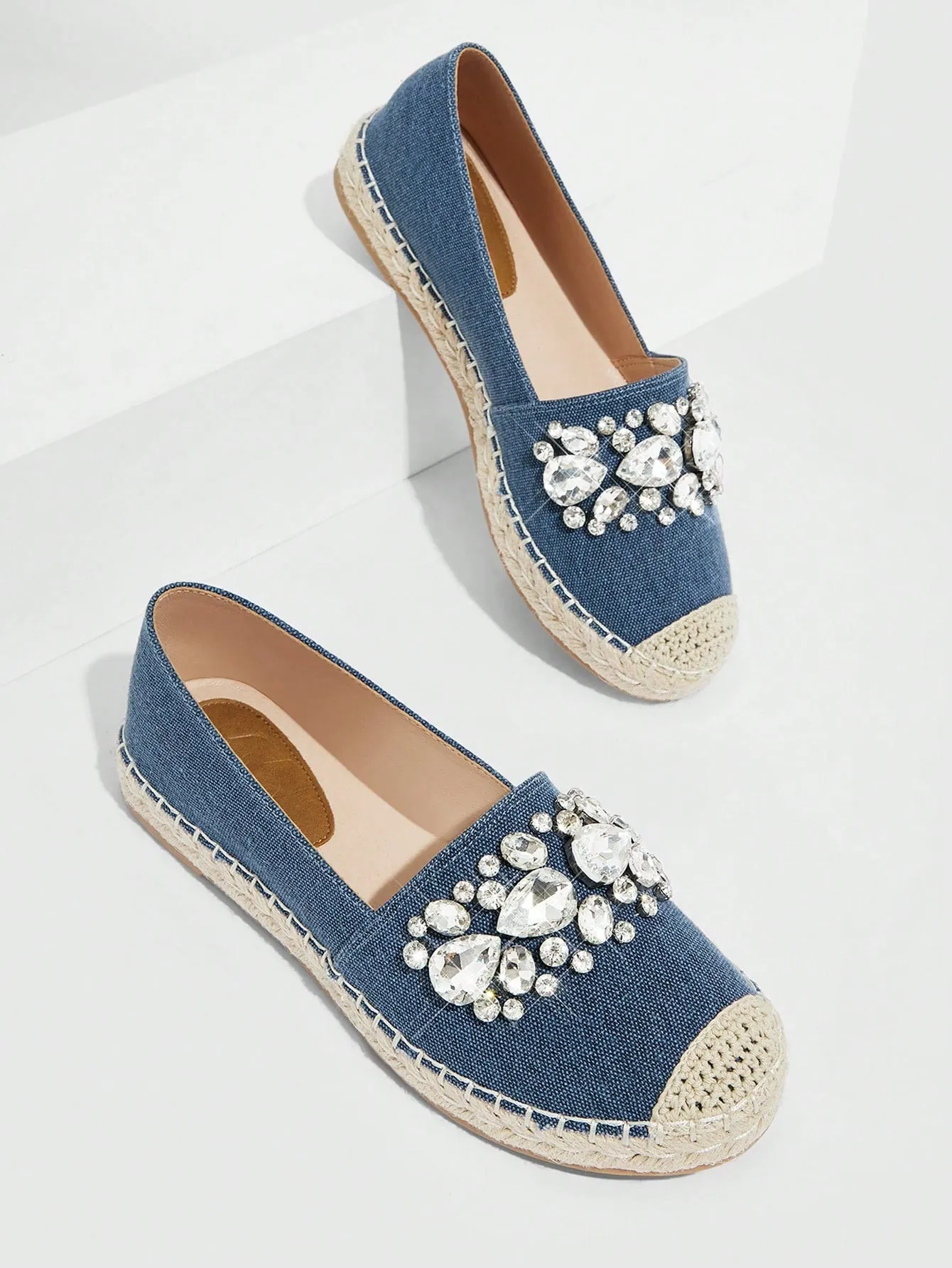 Women Rhinestone Decor Espadrille Flats, Vacation Denim Flats