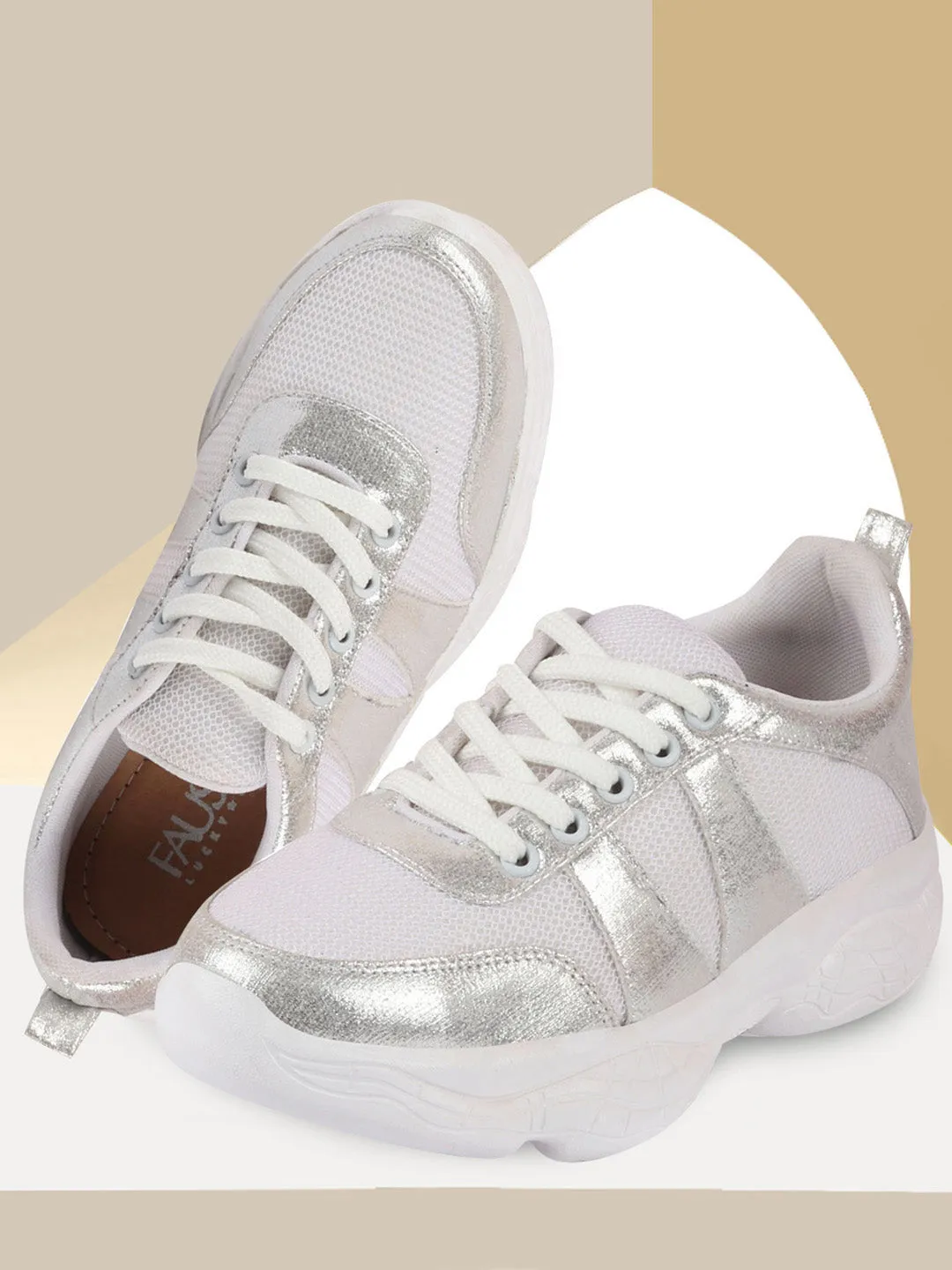 Women White/Silver Lace Up Sneakers